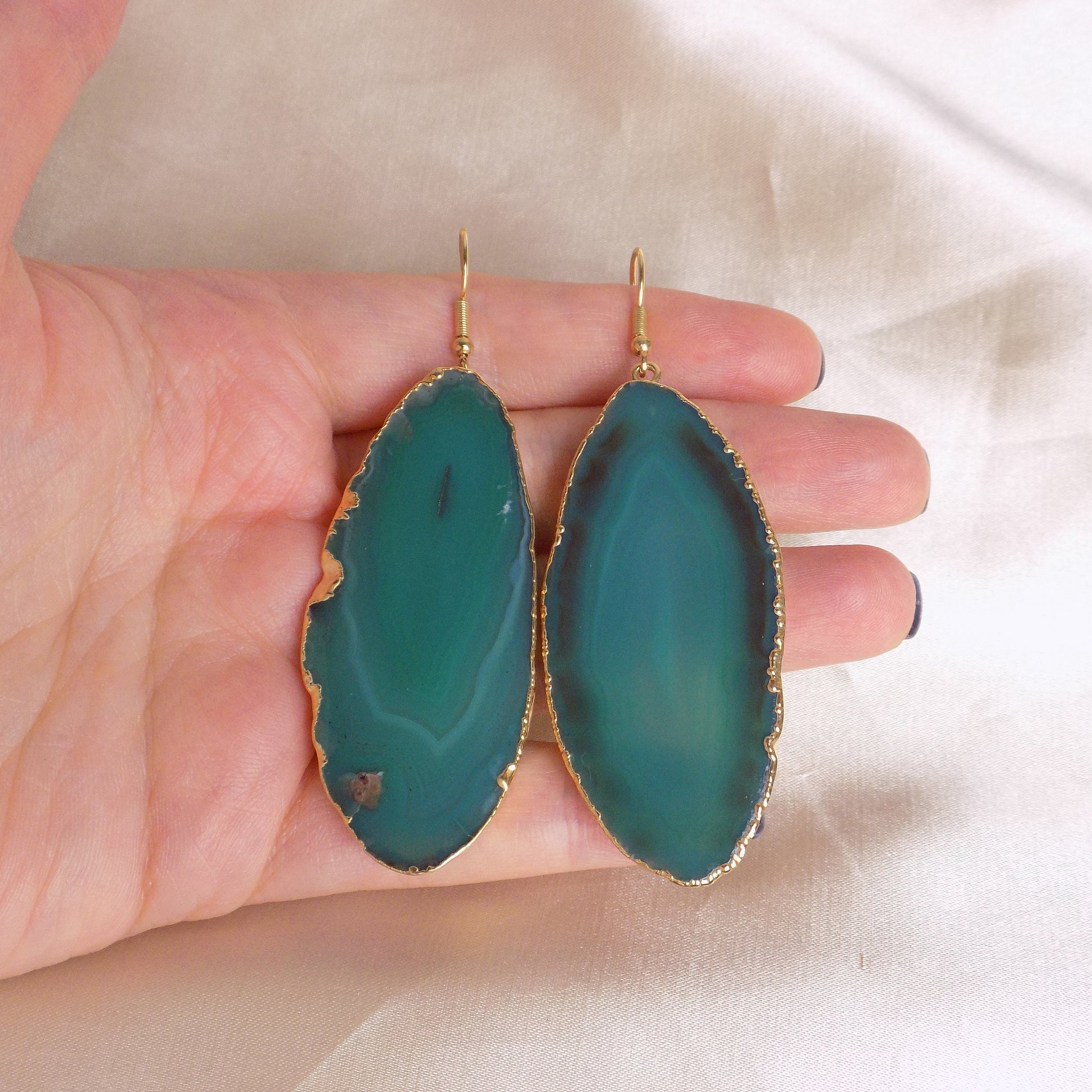 Sliced Agate Earrings, Green Dangle Earrings, Drop Earrings, Agate Earrings, Large Gemstone Earrings, Clip-on Earrings, Gift For Her G15