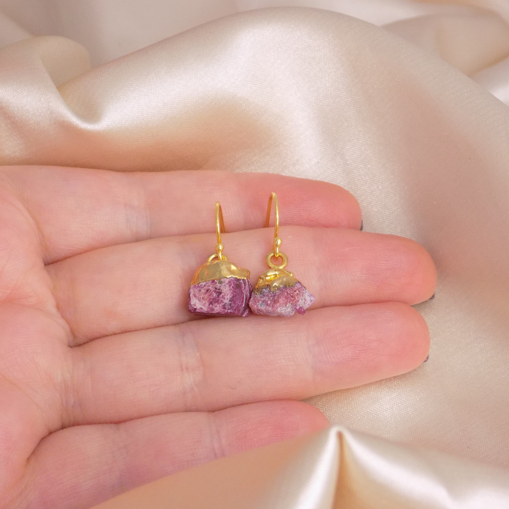 Pink Ruby Earrings Gold, Raw Ruby Gemstone Dangle Drop Earring, Christmas Gifts For Her, M7-60