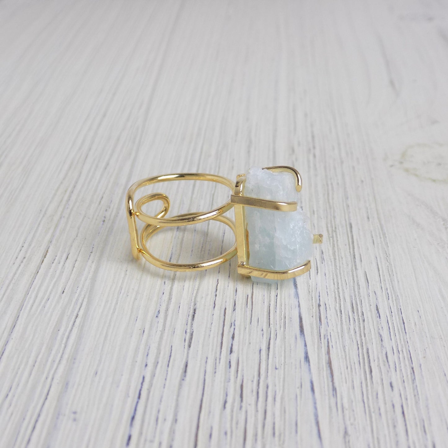 March Birthstone Raw Aquamarine Gemstone Ring Gold Adjustable, Light Blue Crystal Ring Raw, Birthday Gifts For Her, G14-74