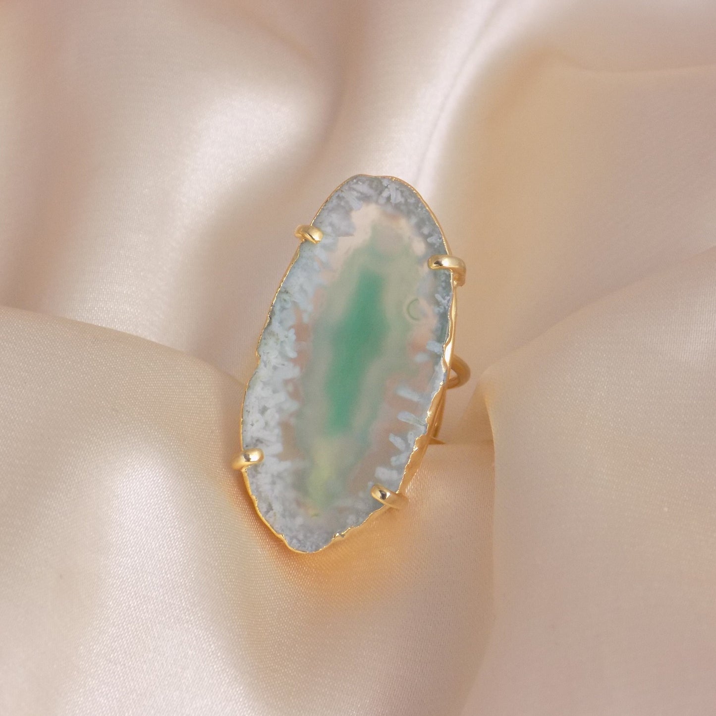 Green Agate Ring Gold, Statement Sliced Geode Ring, Boho Stone Ring Adjustable, Wedding Jewelry, G14-216