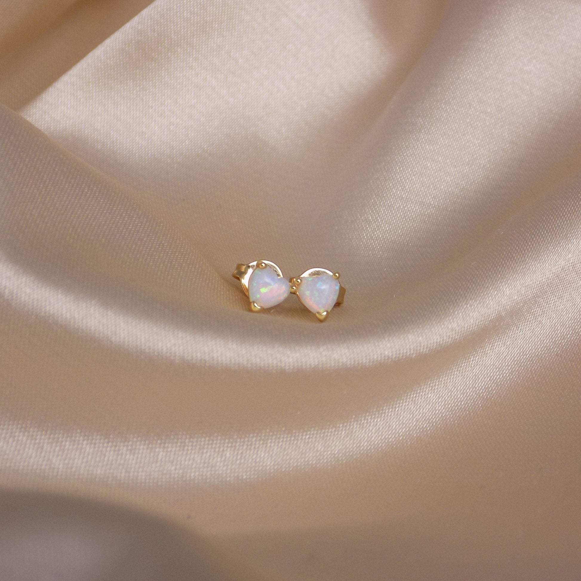 Small Opal Heart Earrings Studs Gold, Tiny Gemstone Stud 5mm, October Birthstone Studs, Gift For Mom, M7-201