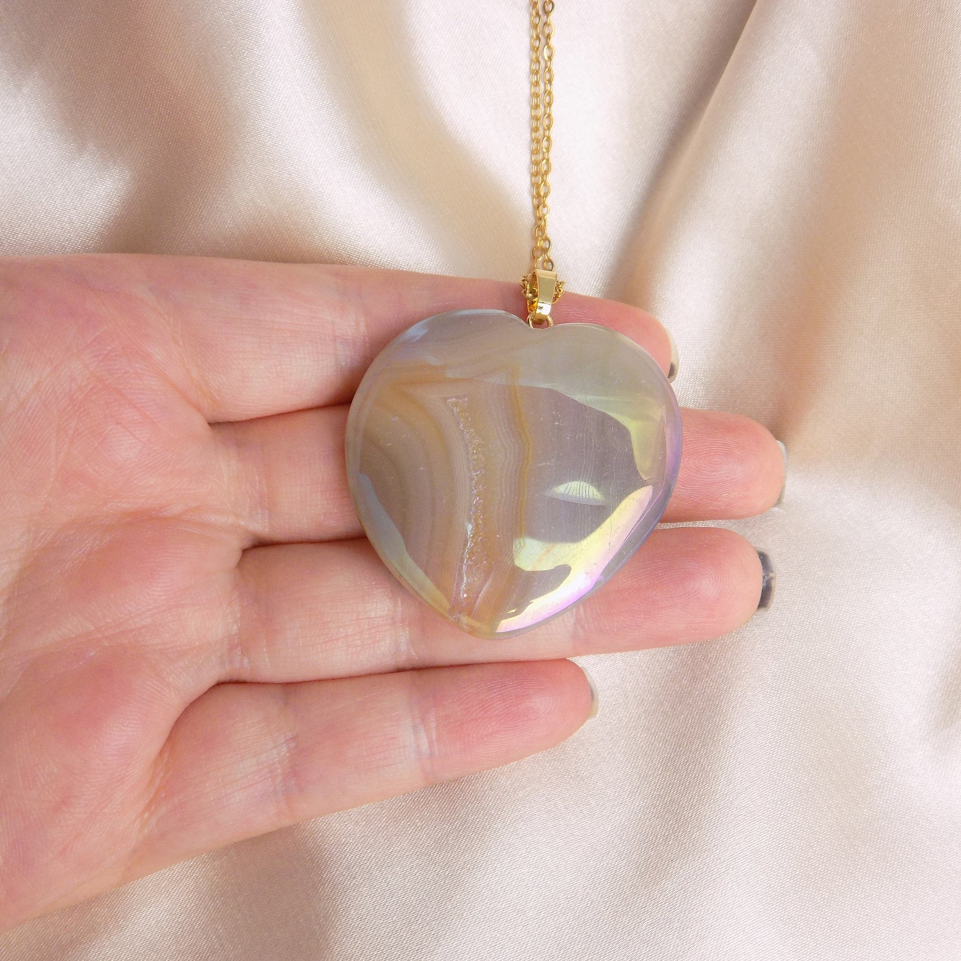 Geode Aura Quartz Necklace Gold, Unique Iridescent Heart Crystal Jewelry Boho, Valentines Day Gift For Her, M7-208