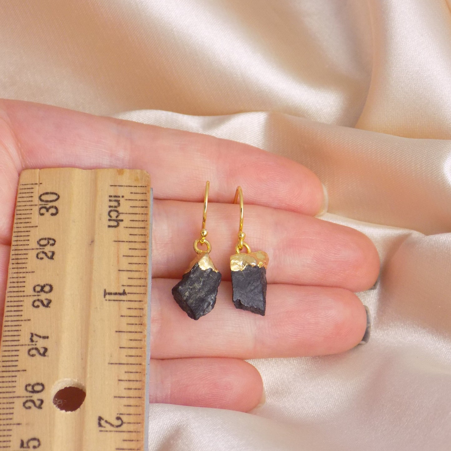 Gift For Her, Raw Tourmaline Earrings, Black Tourmaline Earring Gold Drop Dangle, Raw Stone Earrings, G13-466