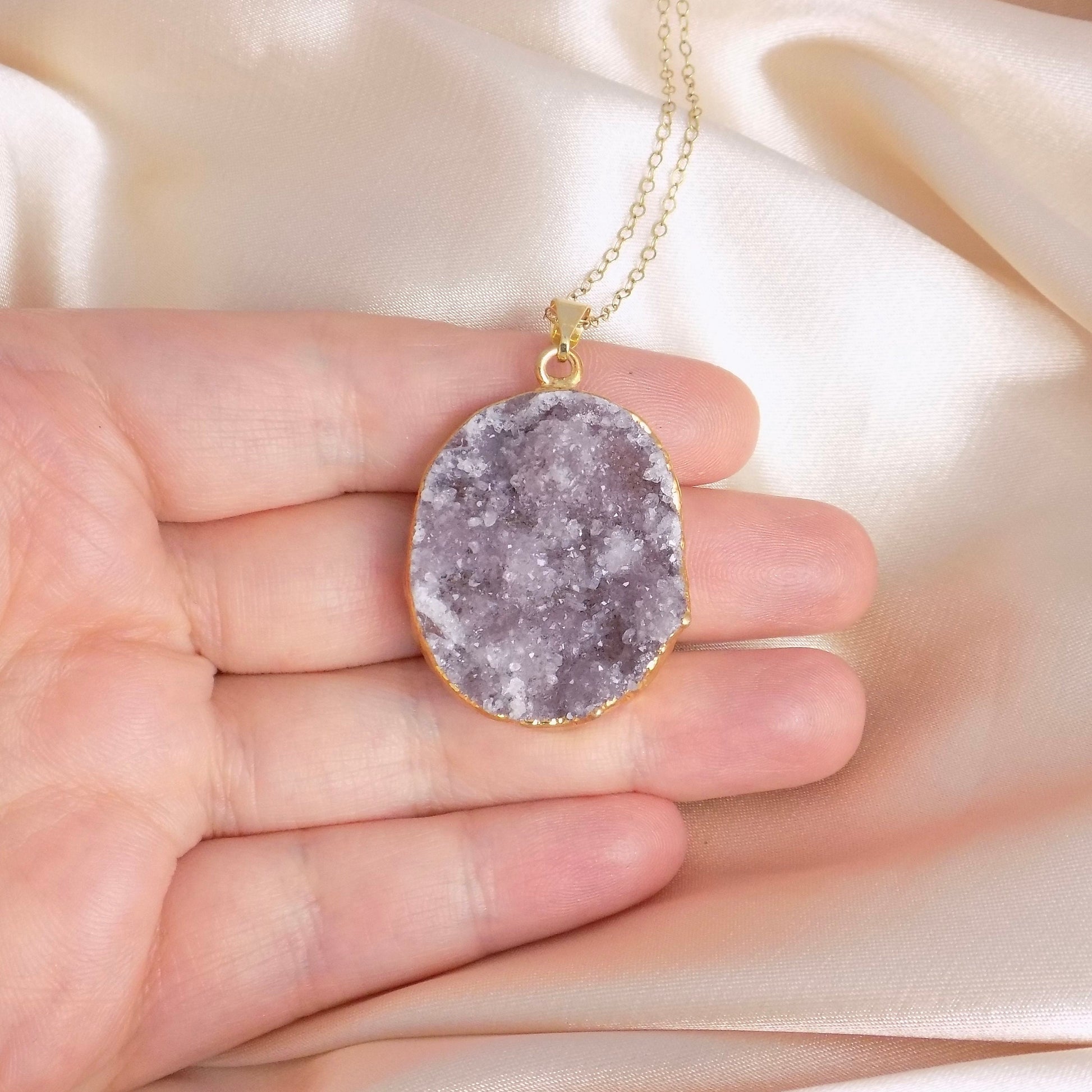 Unique Druzy Pendant Necklace Gold, Amethyst Necklaces, Christmas Gift Women, R15-142