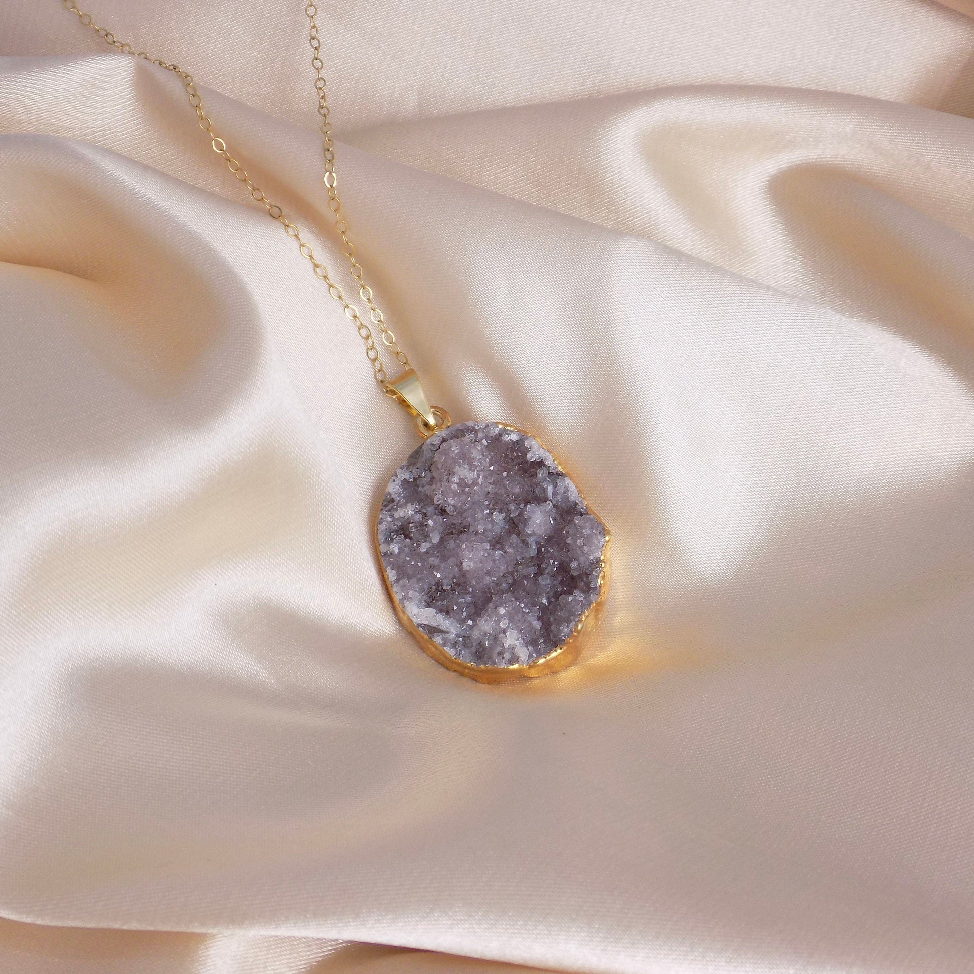 Unique Druzy Pendant Necklace Gold, Amethyst Necklaces, Christmas Gift Women, R15-142