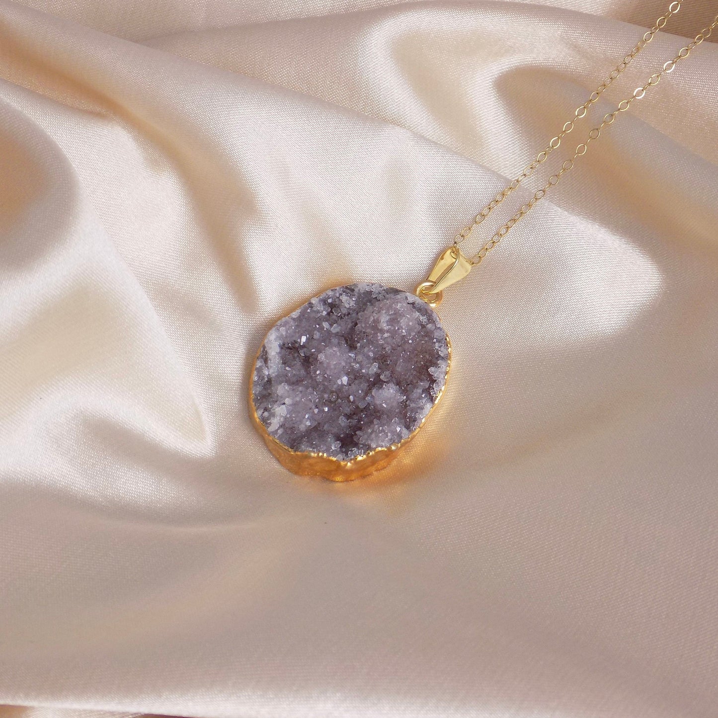 Unique Druzy Pendant Necklace Gold, Amethyst Necklaces, Christmas Gift Women, R15-142