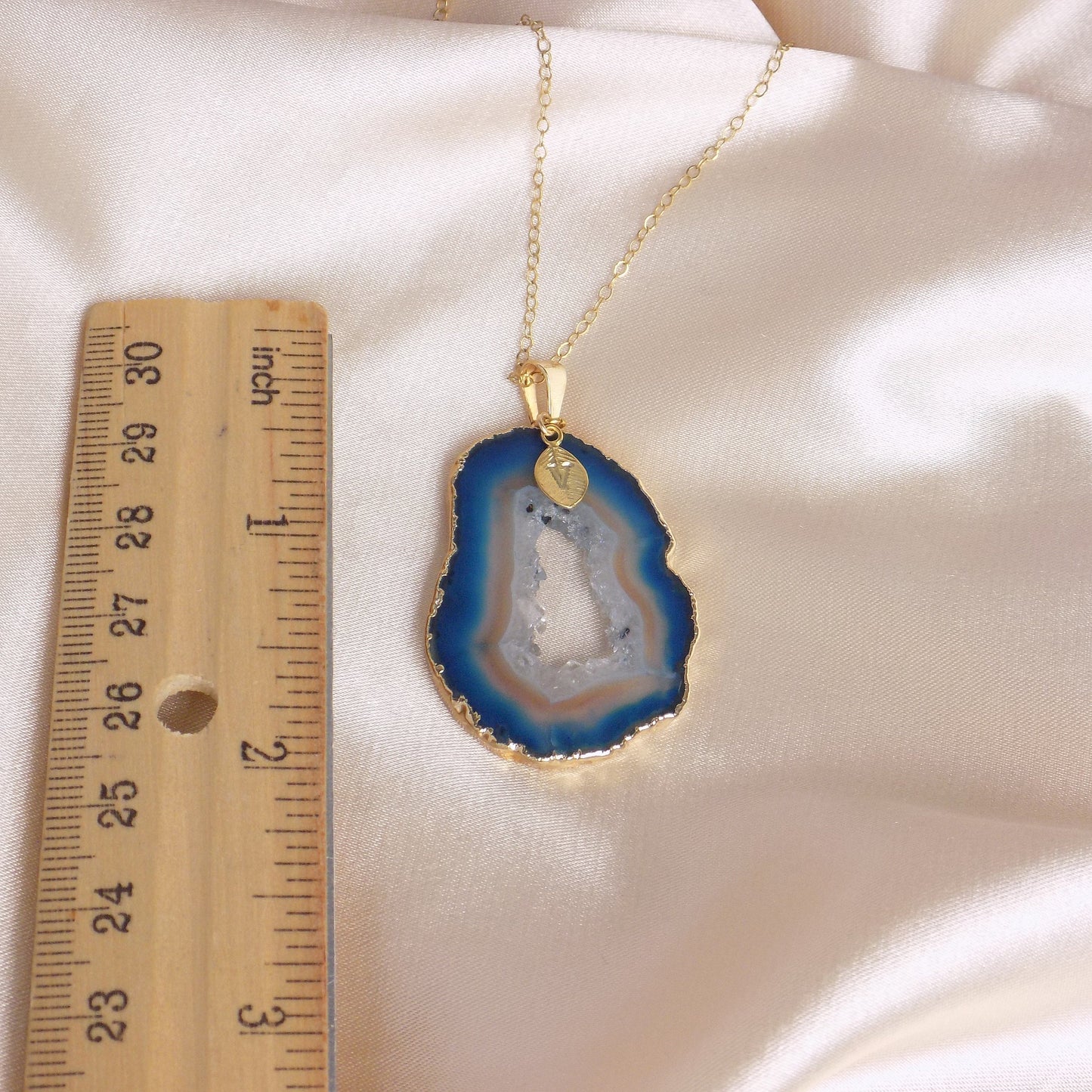 Personalized Geode Necklace Gold, Teal Gemstone Pendant, Christmas Gift Women, G14-310