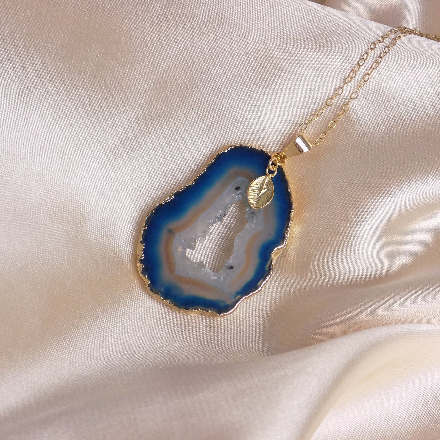 Personalized Geode Necklace Gold, Teal Gemstone Pendant, Christmas Gift Women, G14-310