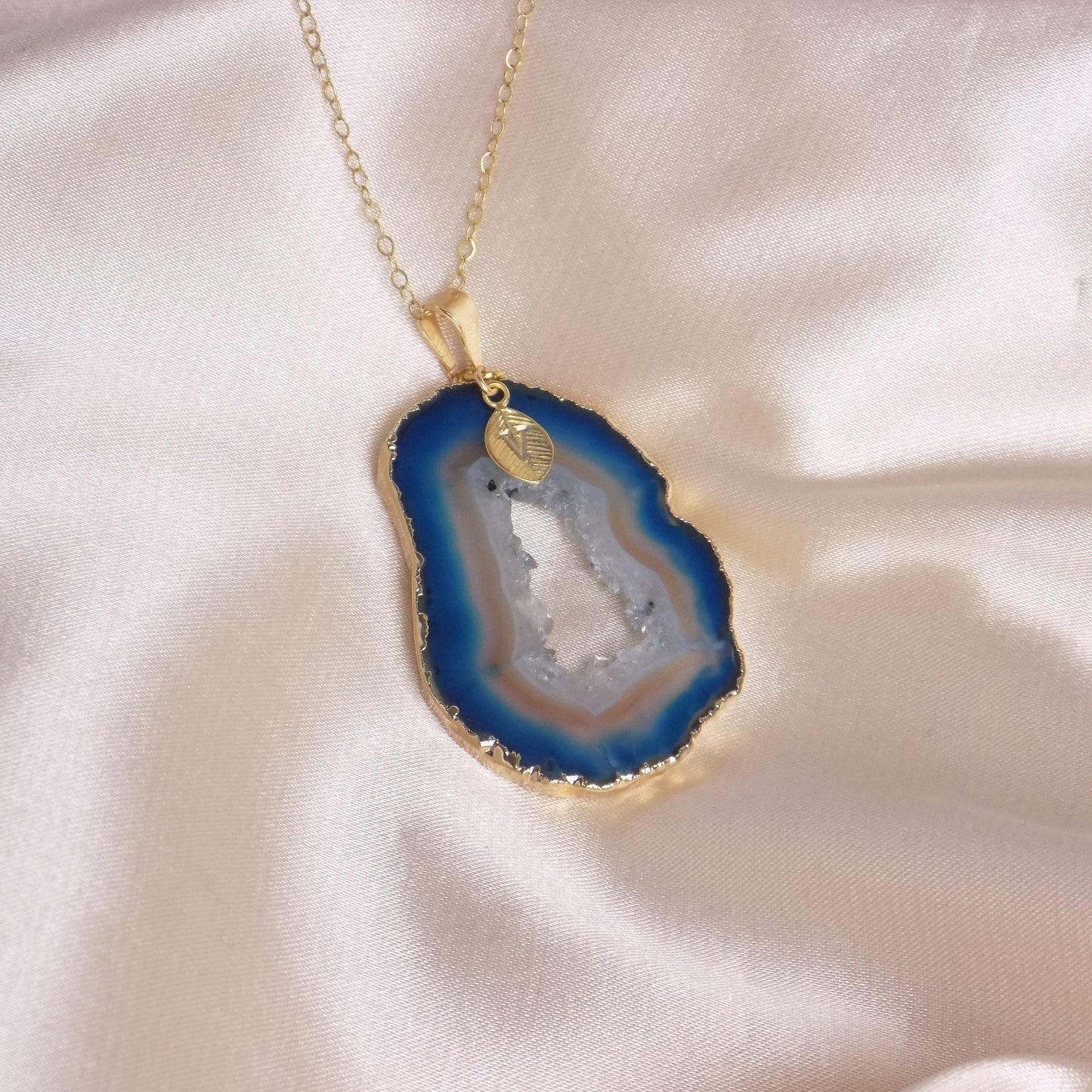 Personalized Geode Necklace Gold, Teal Gemstone Pendant, Christmas Gift Women, G14-310