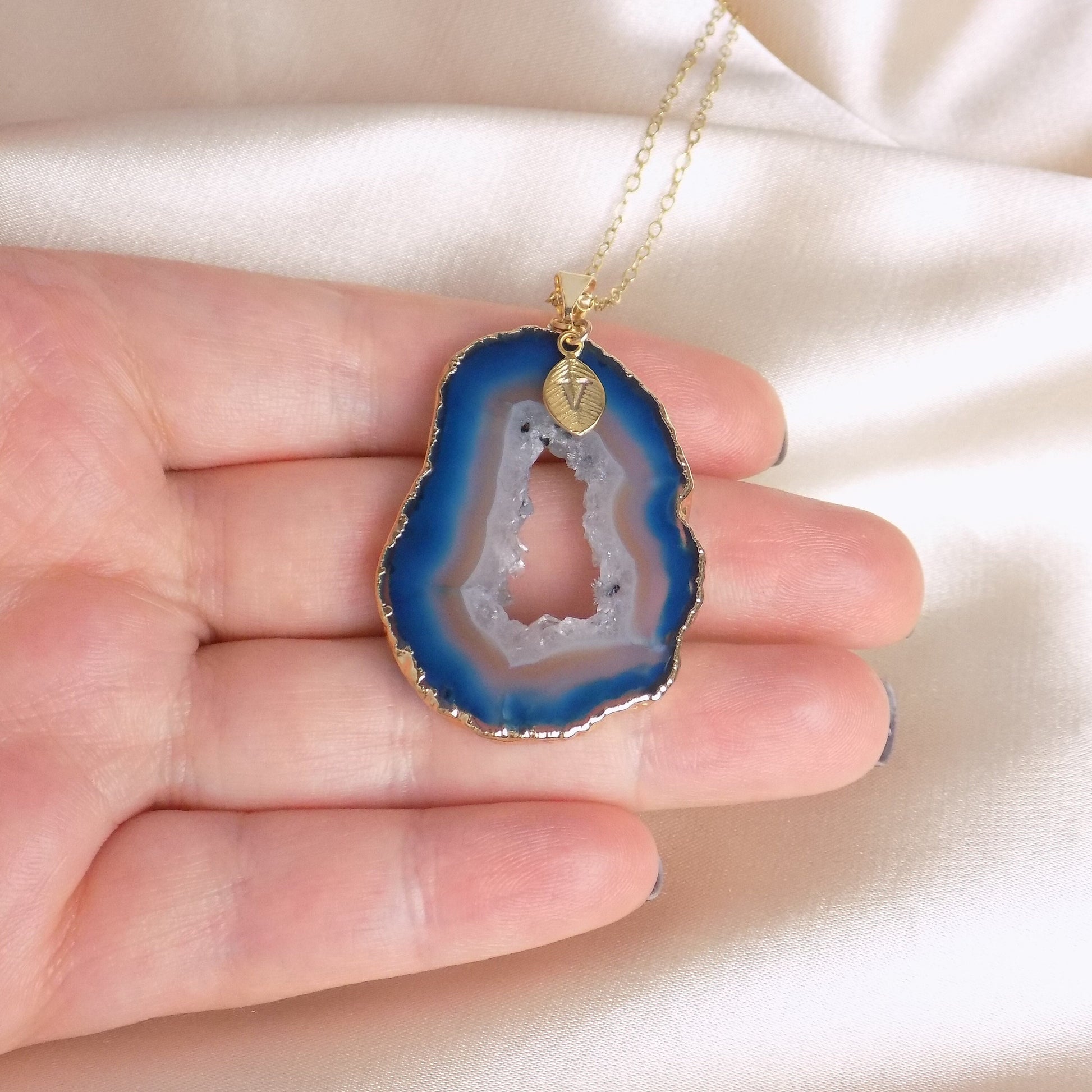 Personalized Geode Necklace Gold, Teal Gemstone Pendant, Christmas Gift Women, G14-310