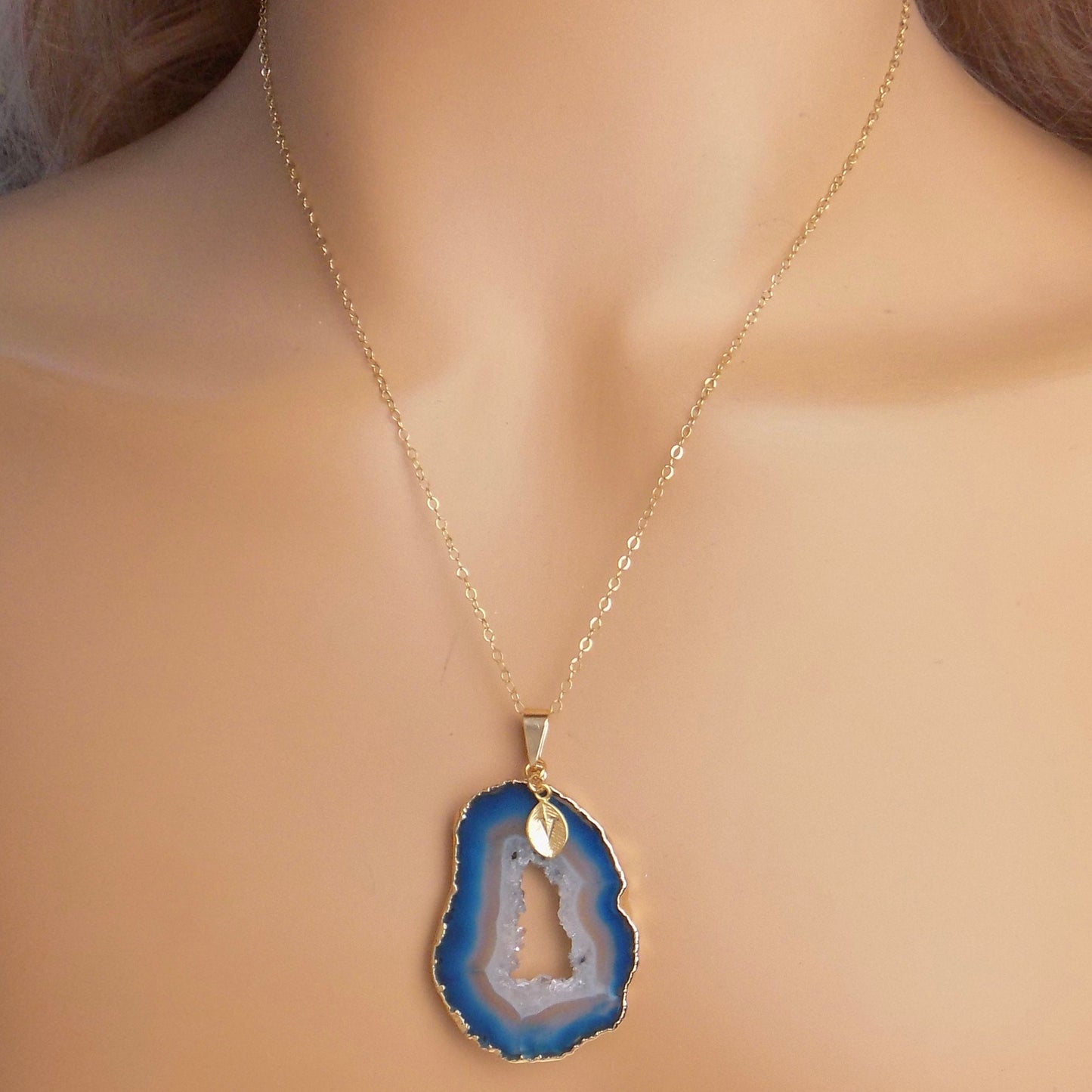 Personalized Geode Necklace Gold, Teal Gemstone Pendant, Christmas Gift Women, G14-310