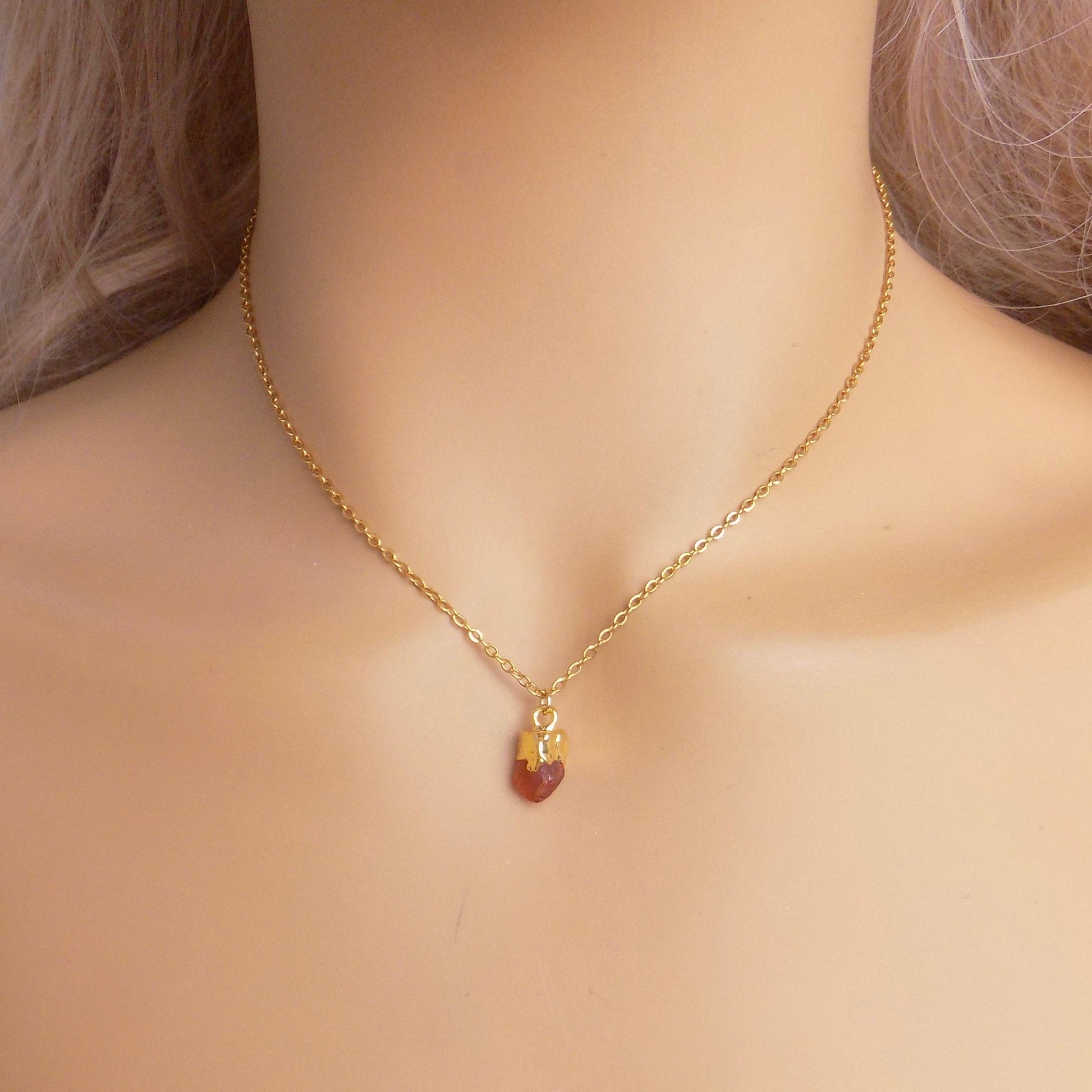 Raw Carnelian Necklace Gold, Orange Crystal Pendant Necklace For Layering, Gift For Mom, M7-16