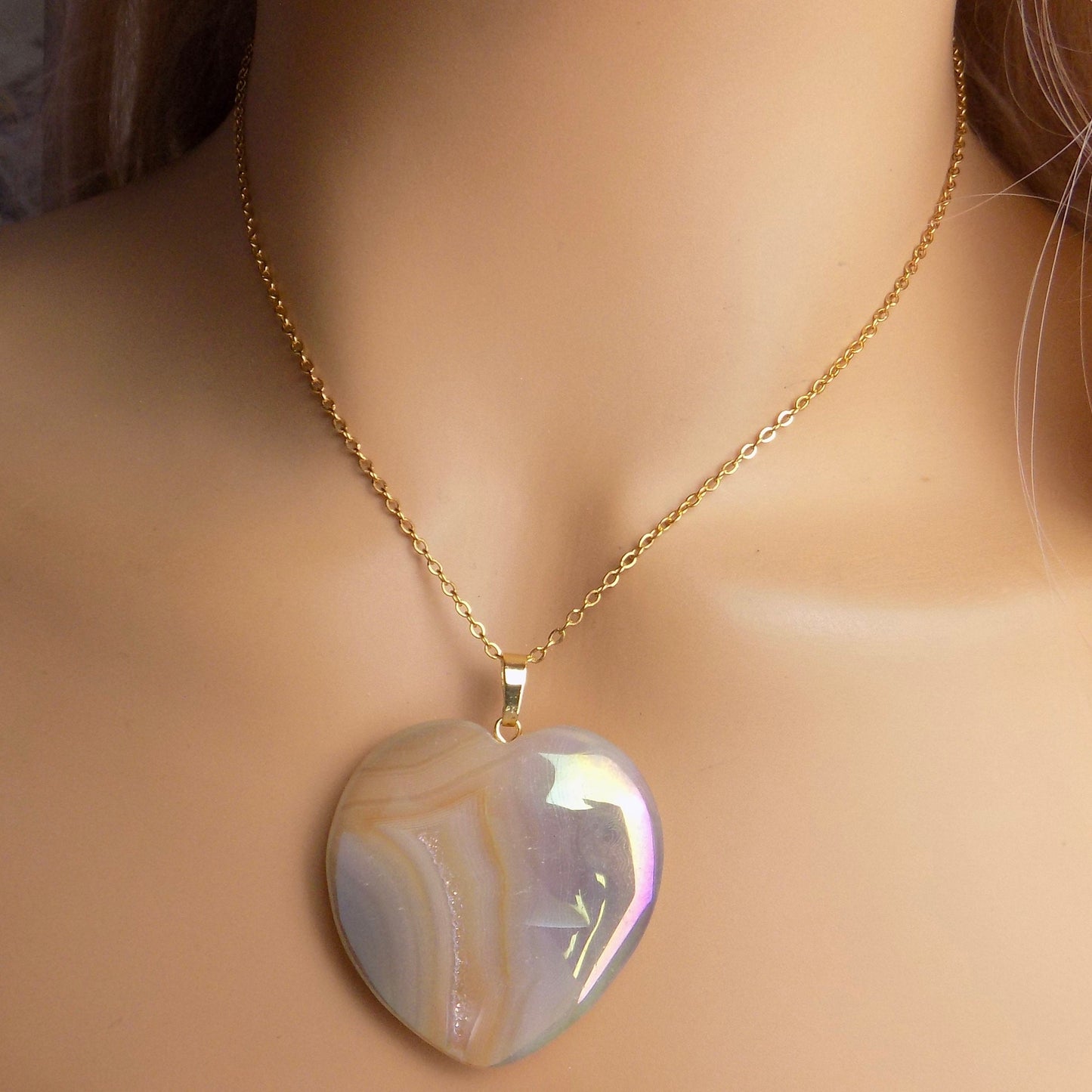 Geode Aura Quartz Necklace Gold, Unique Iridescent Heart Crystal Jewelry Boho, Valentines Day Gift For Her, M7-208