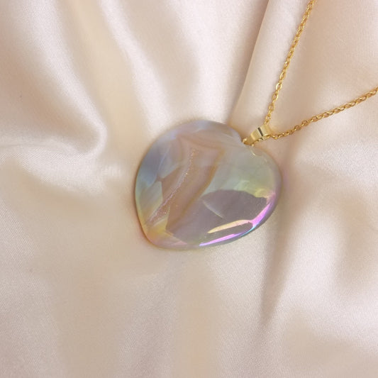 Geode Aura Quartz Necklace Gold, Unique Iridescent Heart Crystal Jewelry Boho, Valentines Day Gift For Her, M7-208