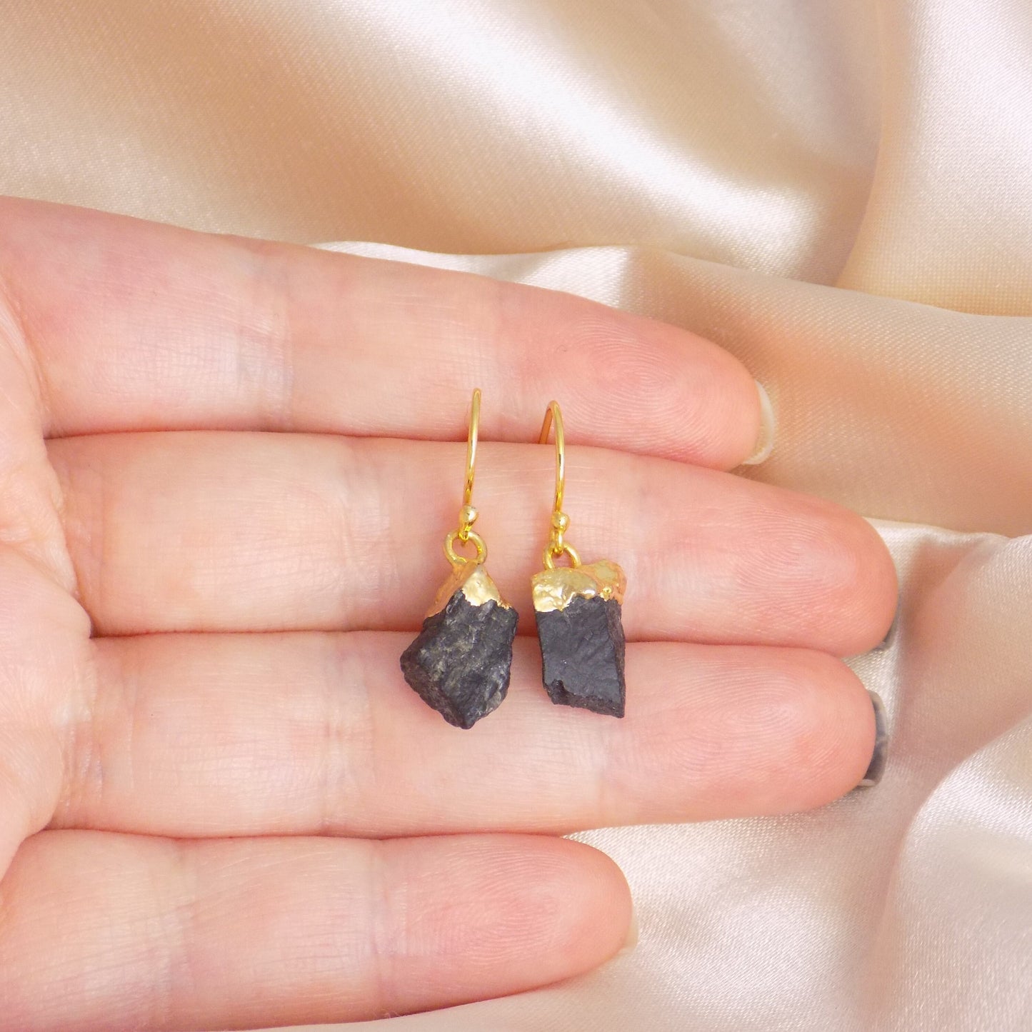 Gift For Her, Raw Tourmaline Earrings, Black Tourmaline Earring Gold Drop Dangle, Raw Stone Earrings, G13-466