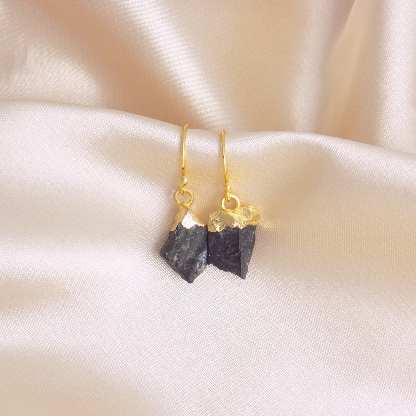 Gift For Her, Raw Tourmaline Earrings, Black Tourmaline Earring Gold Drop Dangle, Raw Stone Earrings, G13-466