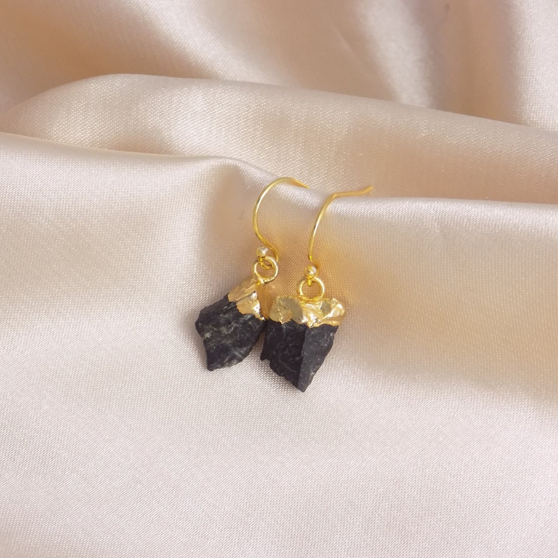 Gift For Her, Raw Tourmaline Earrings, Black Tourmaline Earring Gold Drop Dangle, Raw Stone Earrings, G13-466