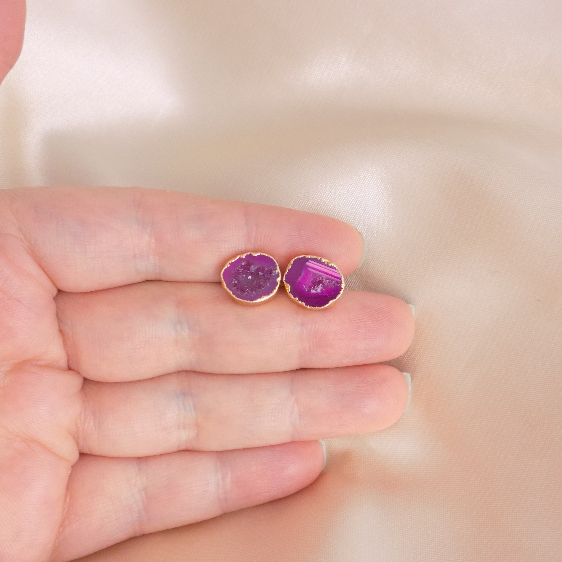 Bridesmaid Gift - Pink Geode Earrings Studs