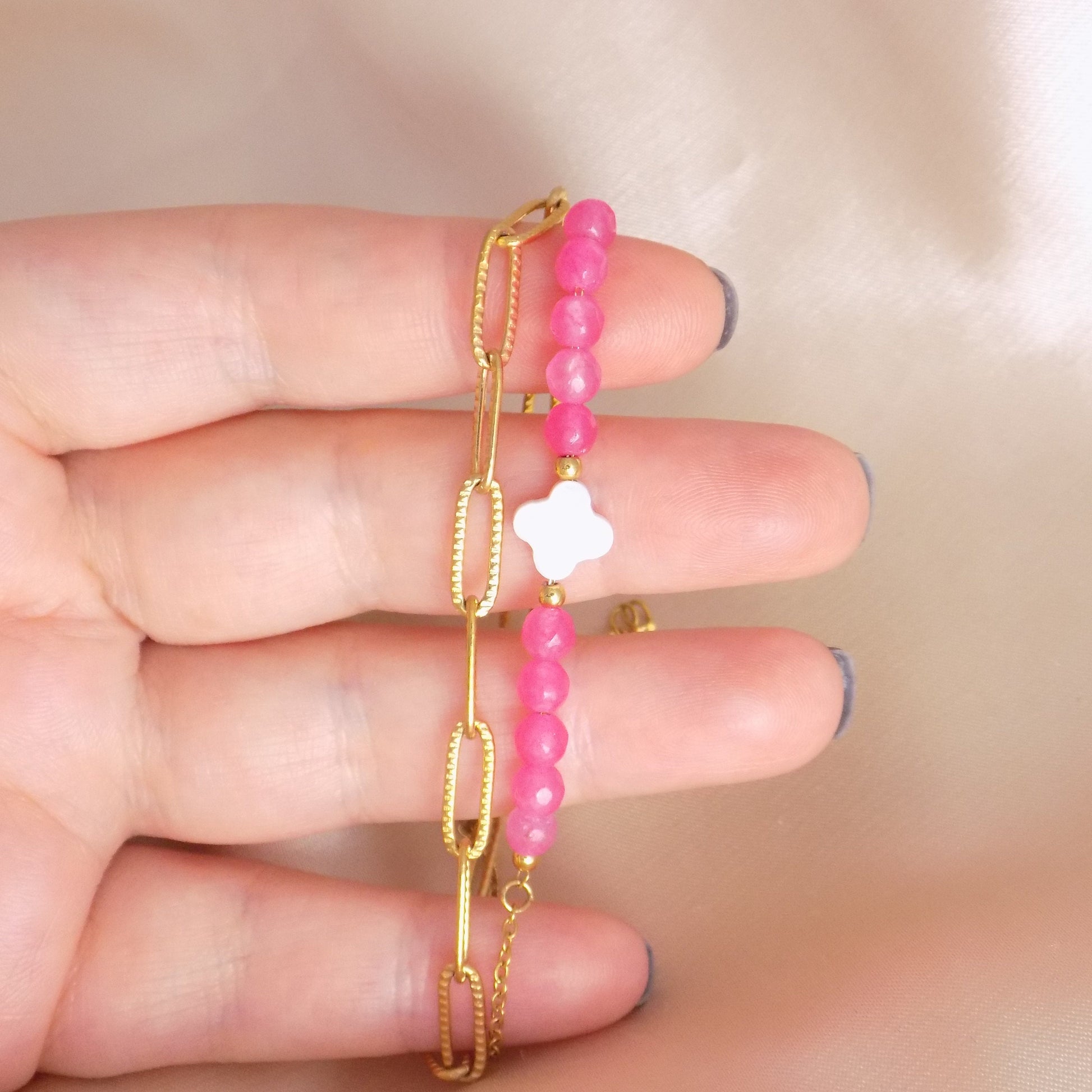 Gold Chain Bracelet Double Strand, Paperclip Chain, Mother Of Pearl Clover and Pink Beads, 18K Gold Stainless Steel, M7-222