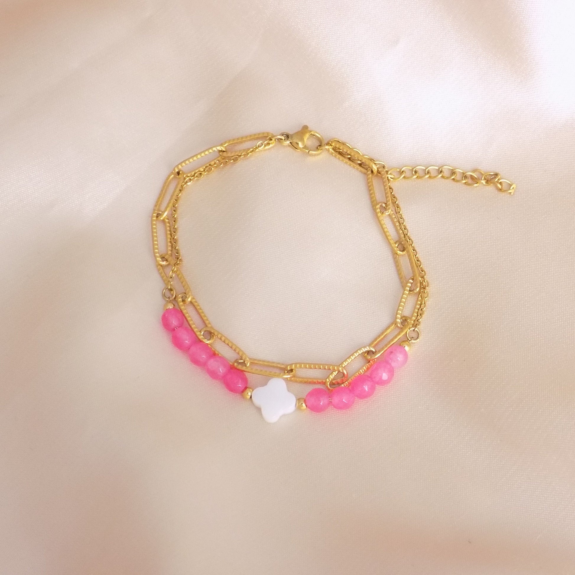 Gold Chain Bracelet Double Strand, Paperclip Chain, Mother Of Pearl Clover and Pink Beads, 18K Gold Stainless Steel, M7-222