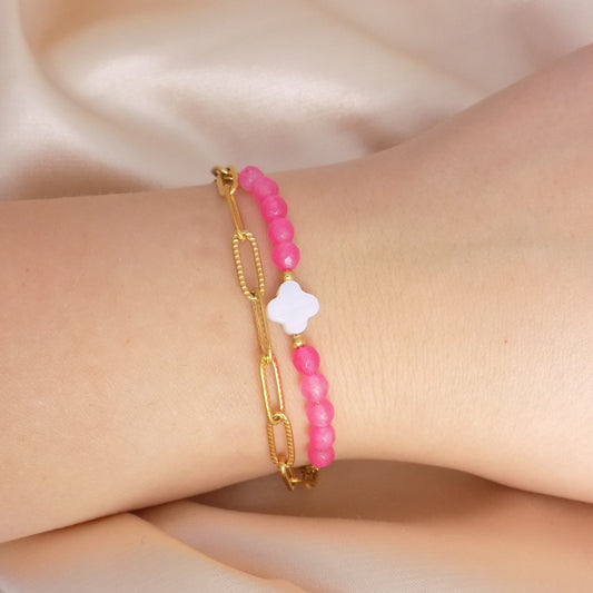 Gold Chain Bracelet Double Strand, Paperclip Chain, Mother Of Pearl Clover and Pink Beads, 18K Gold Stainless Steel, M7-222