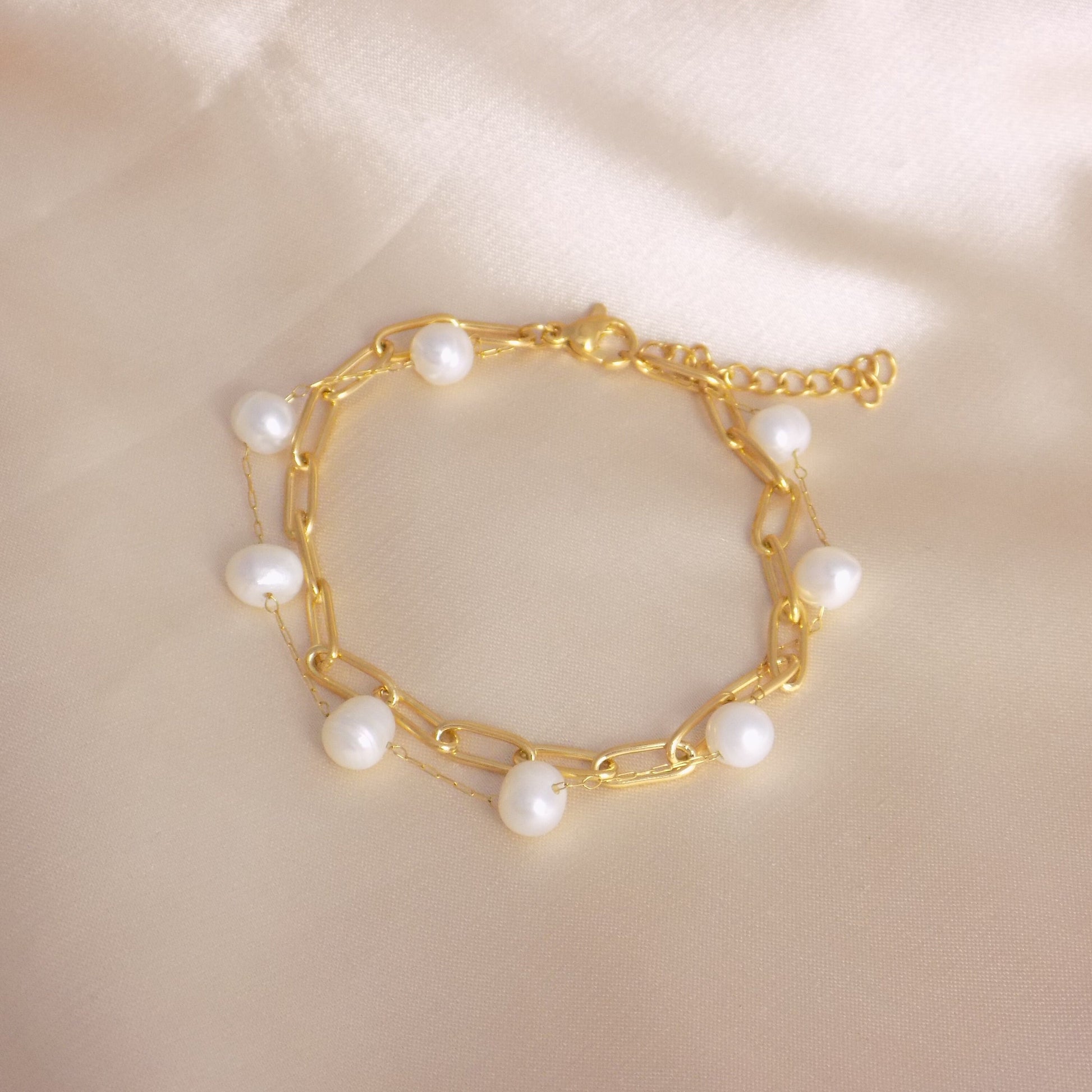 Gold Chain Bracelet Double Strand, Paperclip Chain, Freshwater Pearl Chain, 18K Gold Stainless Steel, M7-223