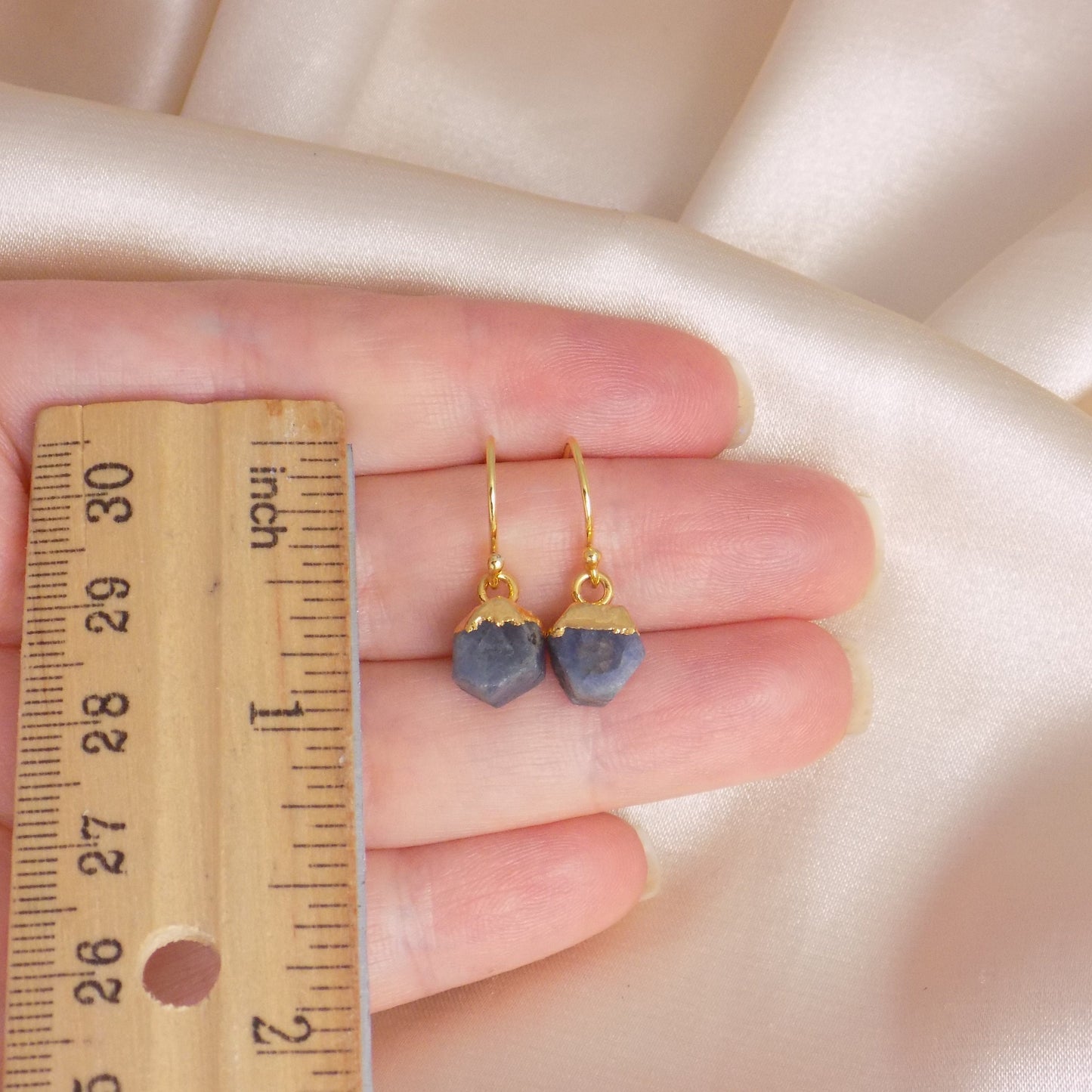 Gift For Her, Tiny Raw Sapphire Earrings, Blue Sapphire Earring Gold Drop Dangle, Raw Stone Earrings, M6-83