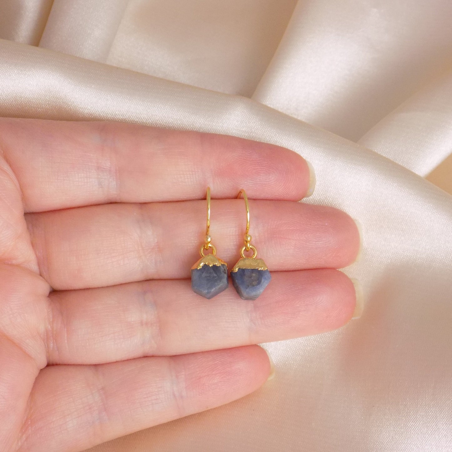 Gift For Her, Tiny Raw Sapphire Earrings, Blue Sapphire Earring Gold Drop Dangle, Raw Stone Earrings, M6-83