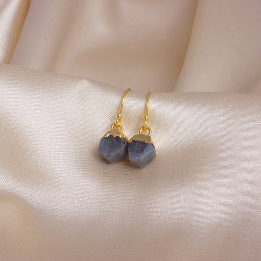 Gift For Her, Tiny Raw Sapphire Earrings, Blue Sapphire Earring Gold Drop Dangle, Raw Stone Earrings, M6-83