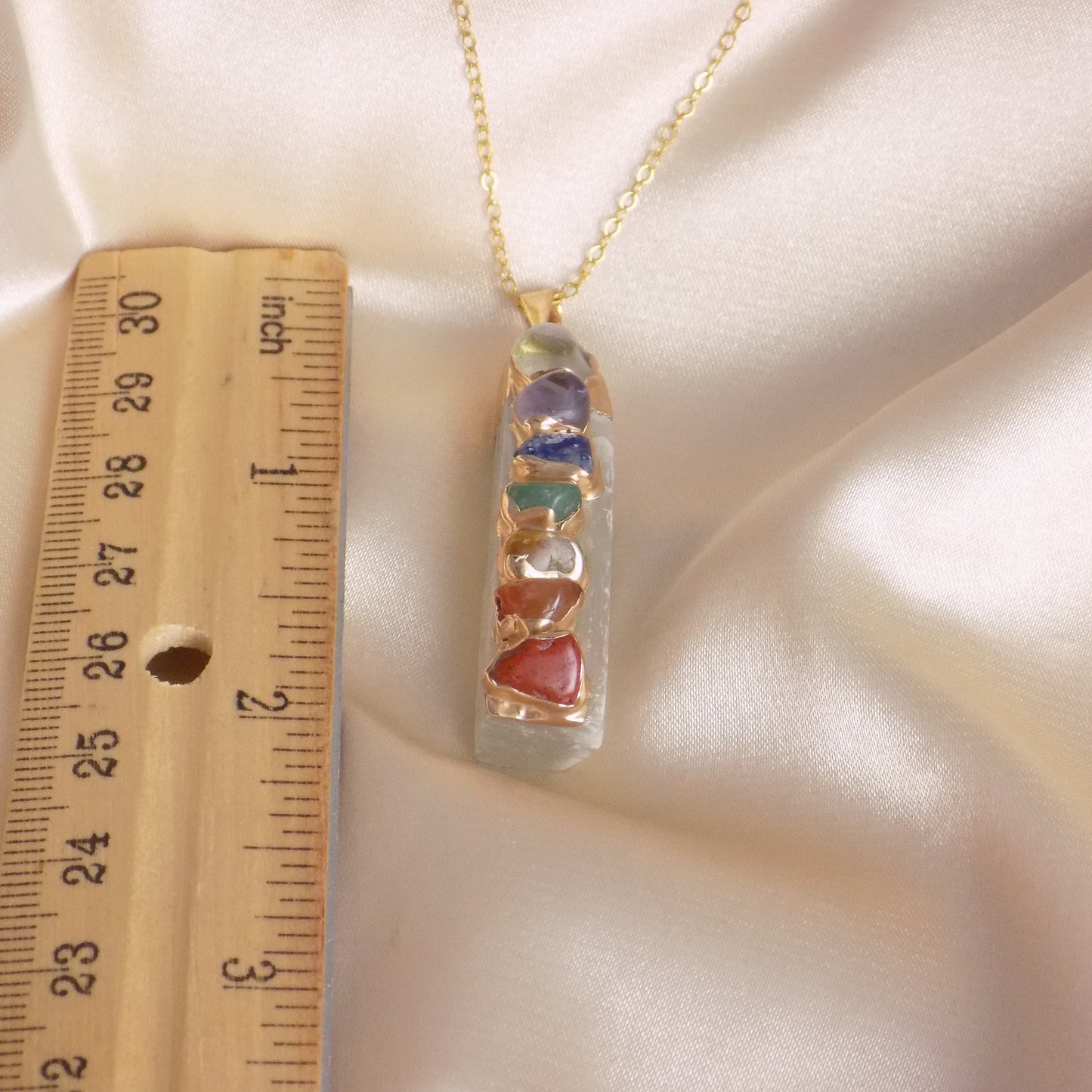 7 Chakra White Selenite Necklace on 14K Gold Filled, Boho Yoga Reiki Jewelry, G13-457