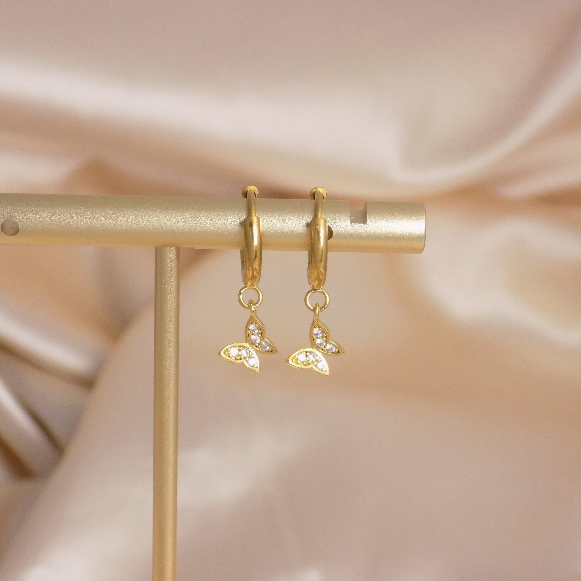 Tiny Butterfly Earrings, Small Gold Hoops Cubic Zirconia, Gifts For Her, M7-290