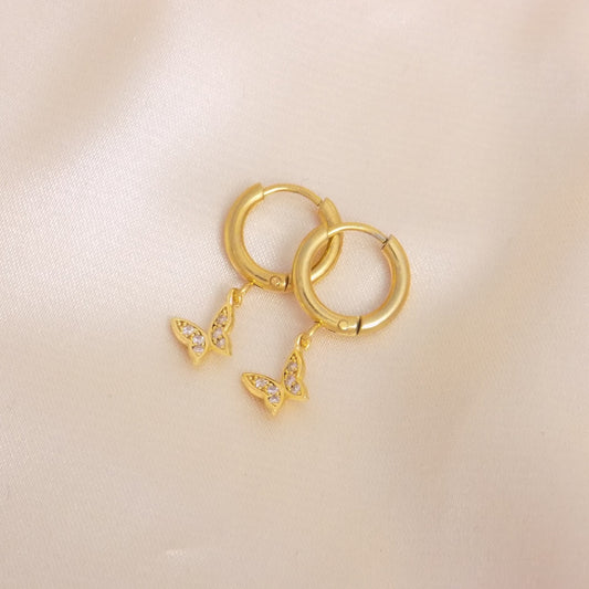 Tiny Butterfly Earrings, Small Gold Hoops Cubic Zirconia, Gifts For Her, M7-290