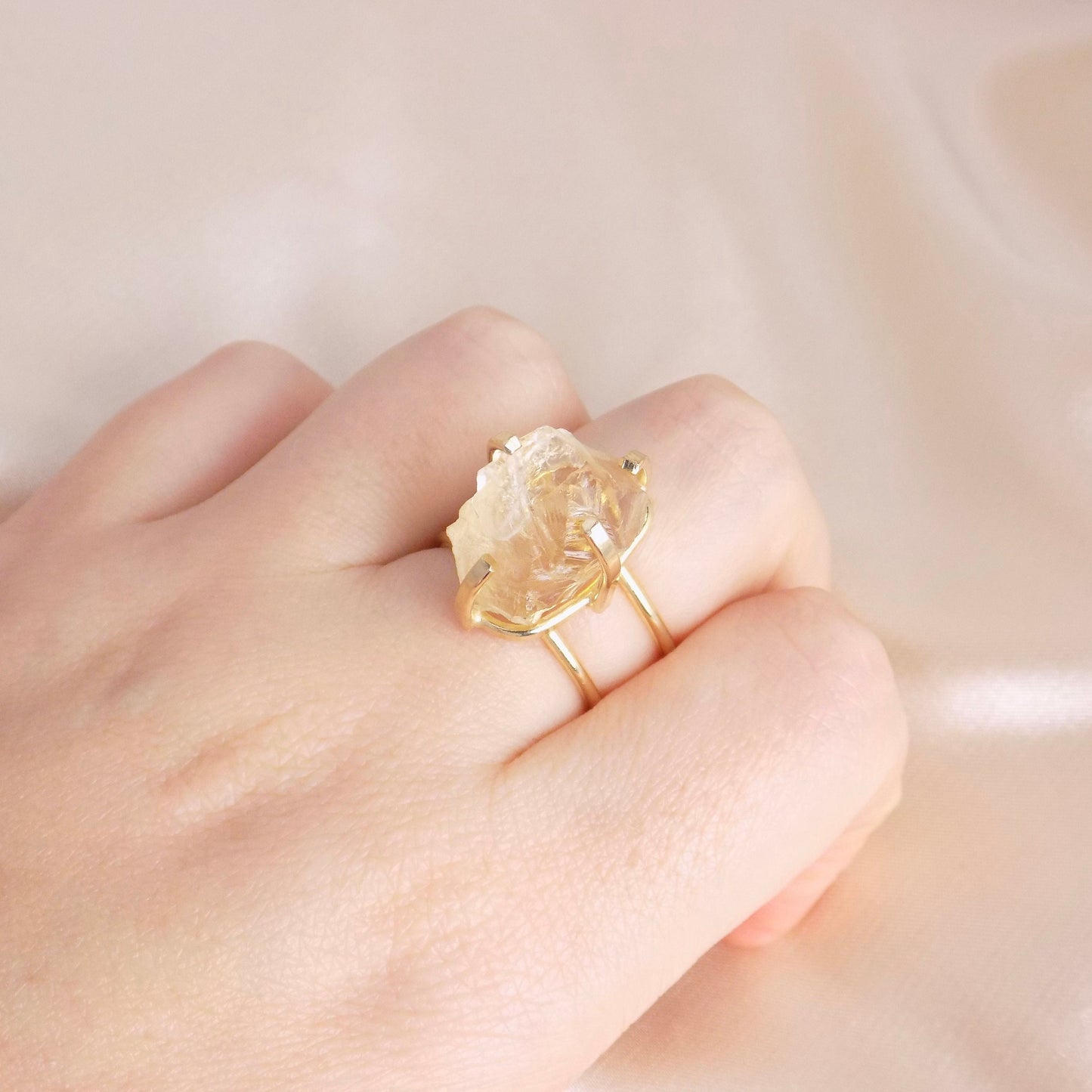 Raw Citrine Ring Gold - Raw Crystal Ring Adjustable Band