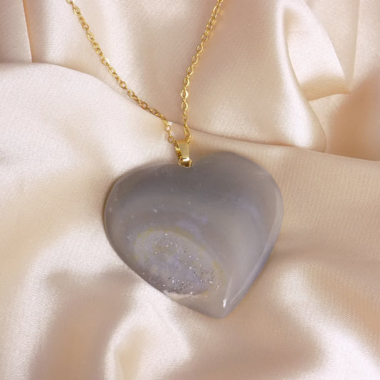 Large Geode Necklace Gold, Unique Iridescent Heart Crystal Jewelry Boho, Gift For Her, M7-298