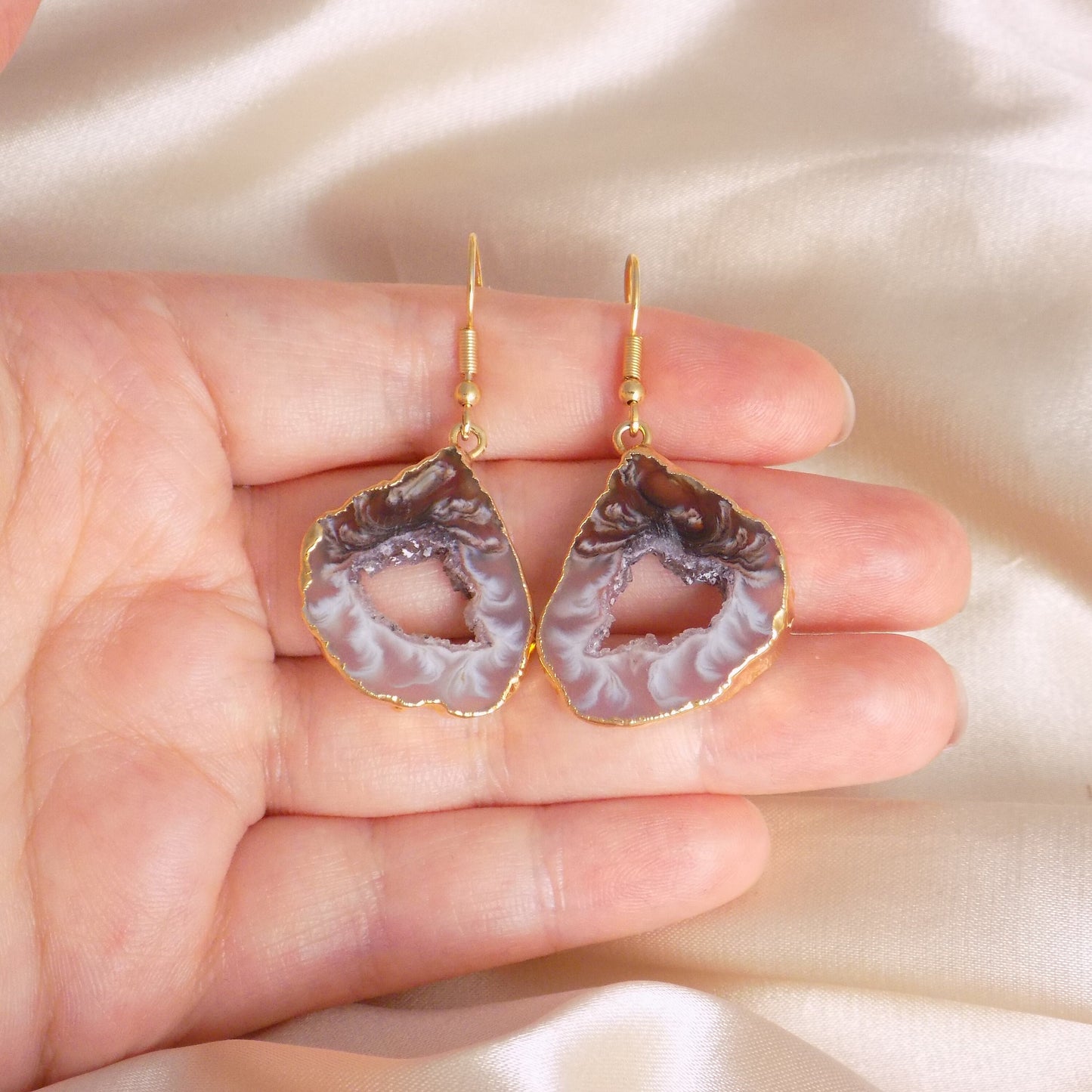 Natural Geode Gemstone Earrings Gold, Natural Stone Slice Jewelry For Women, G15-340