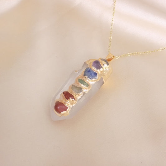 Crystal Chakra Necklace Gold, 7 Chakra Crystals Pendant, Yoga Reiki Jewelry, Boho Long Necklaces For Women Gift, G15-331