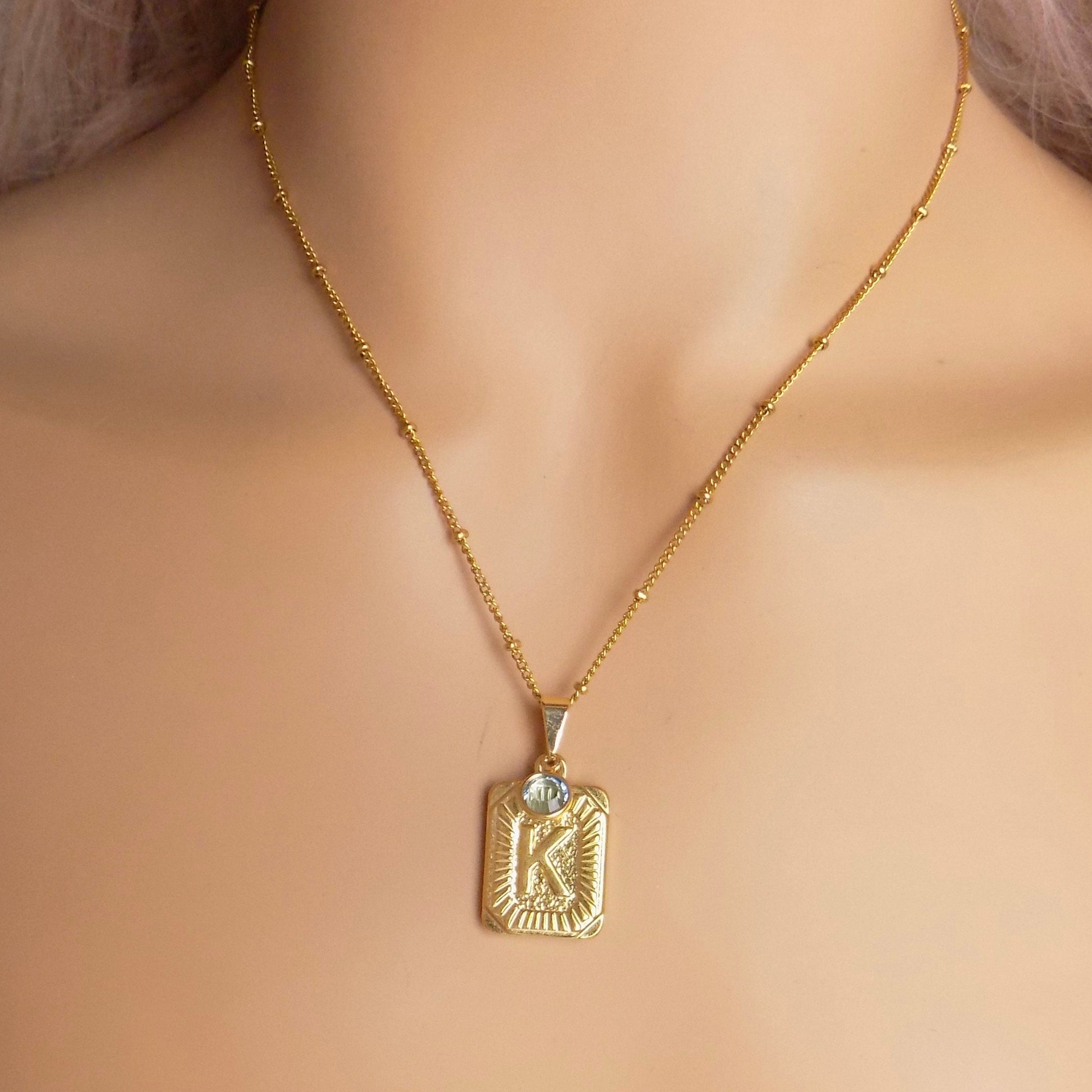 Gold Initial Tag Pendant Necklace on Satellite Chain with Custom Birthstone, M7-302