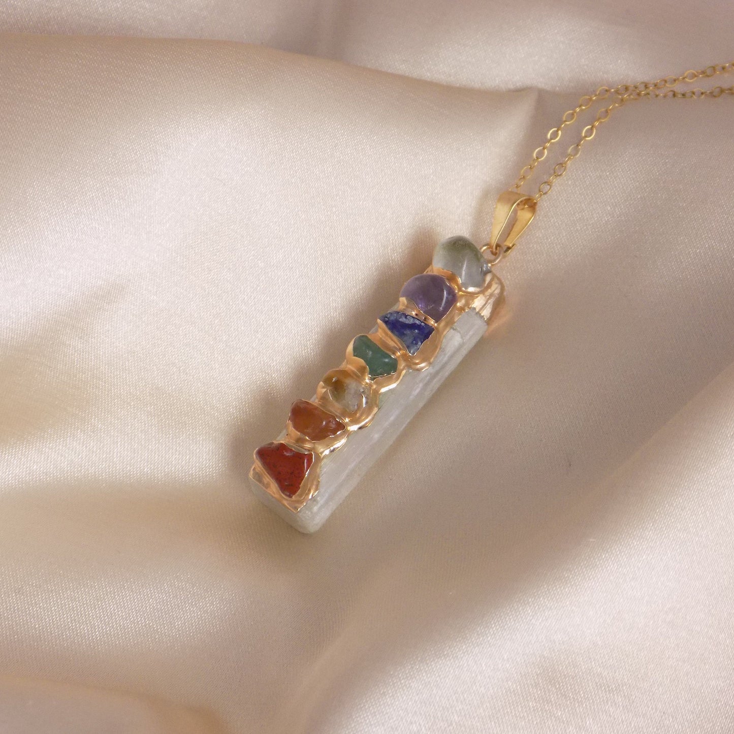 7 Chakra White Selenite Necklace on 14K Gold Filled, Boho Yoga Reiki Jewelry, G13-457