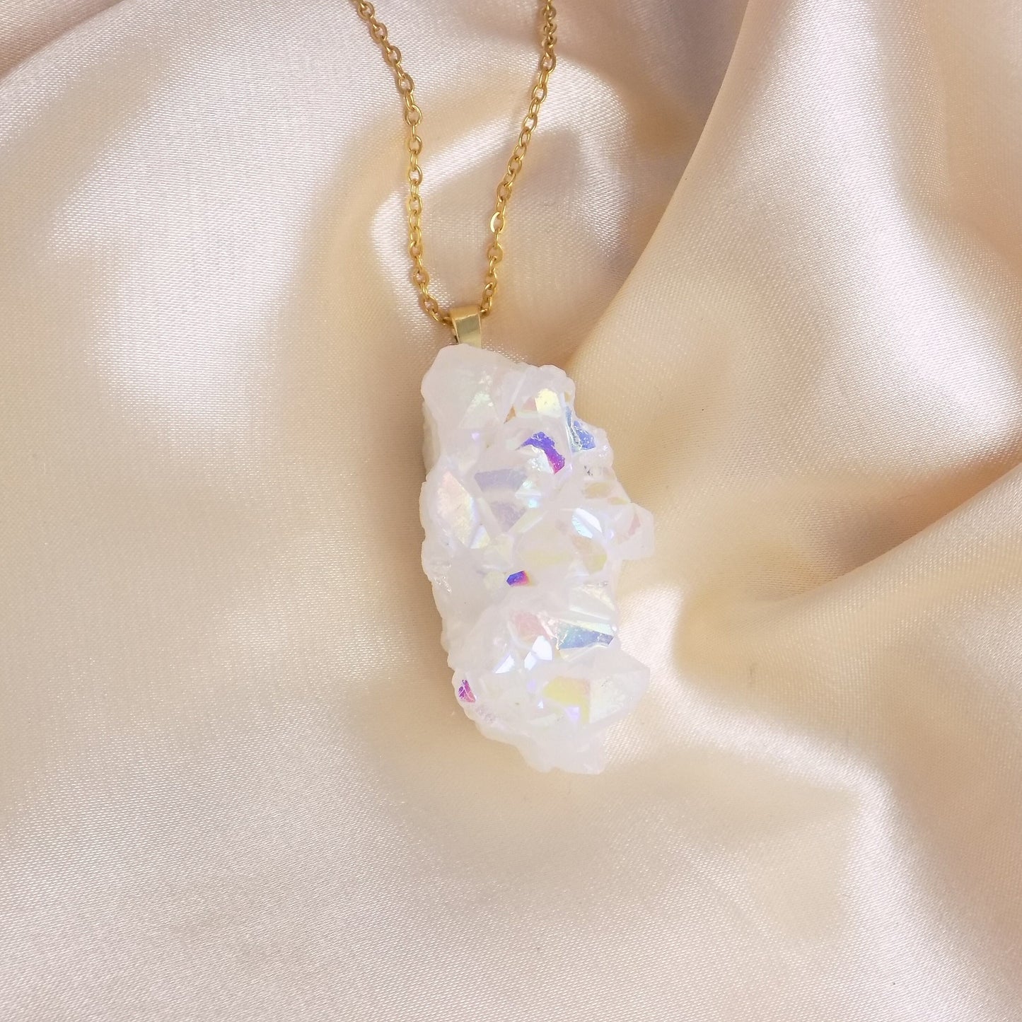 Angel Aura Quartz Necklace, Large Iridescent White Druzy Pendant Necklace Gold, Gift For Her, M7-307