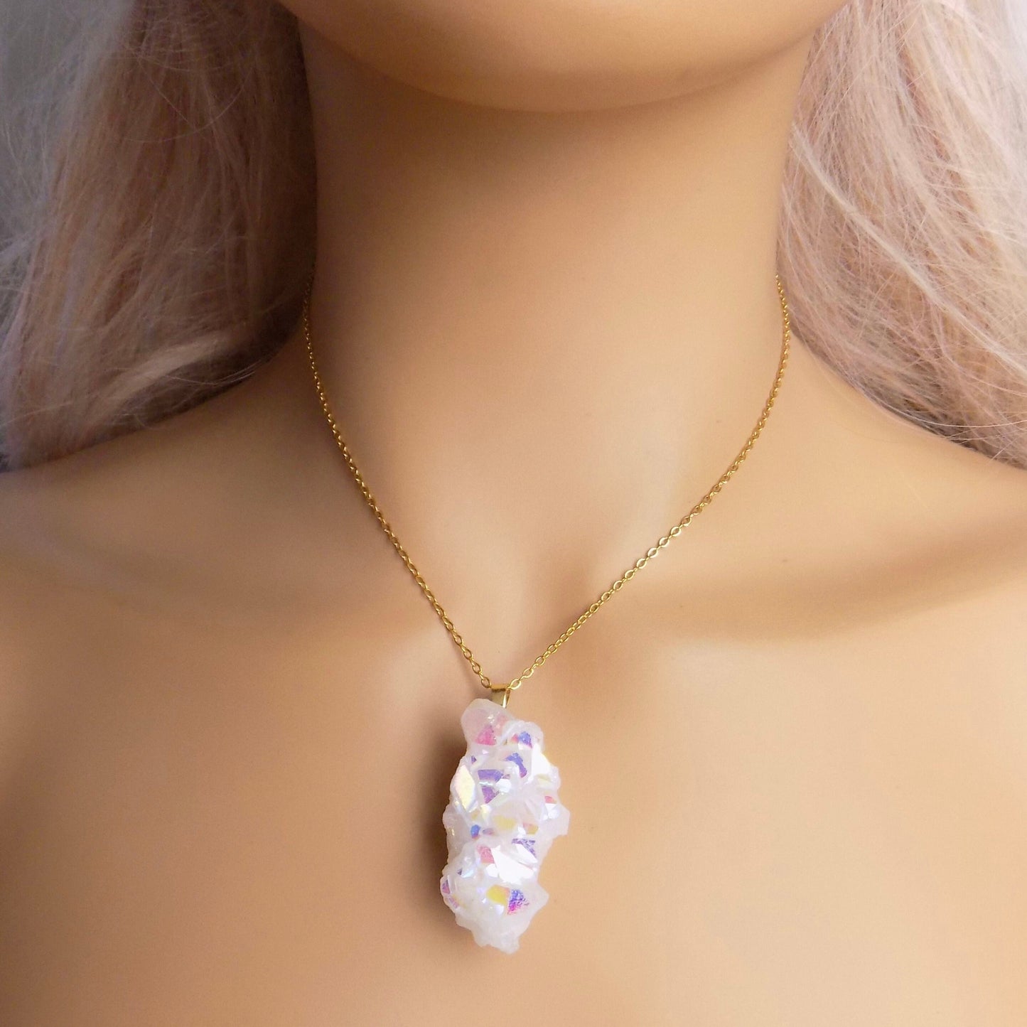 Angel Aura Quartz Necklace, Large Iridescent White Druzy Pendant Necklace Gold, Gift For Her, M7-307