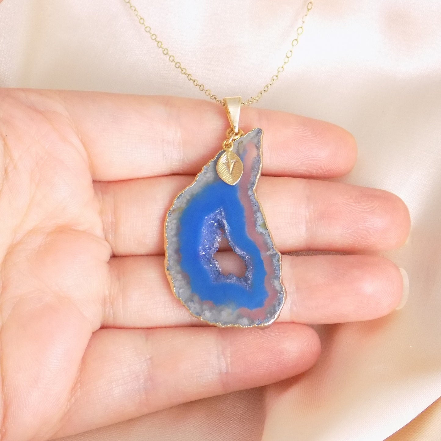 Blue Geode Necklace Gold, Personalized Gemstone Pendant, Christmas Gift Women, G15-335