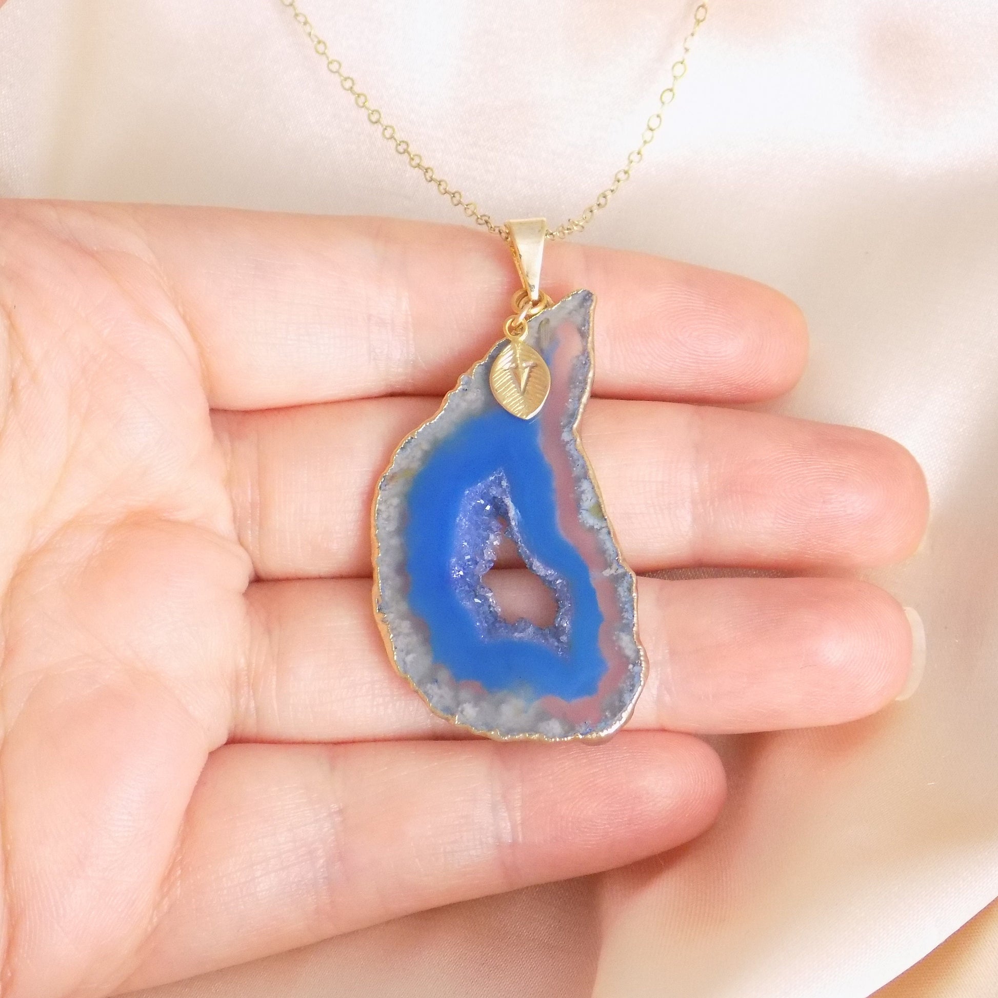 Blue Geode Necklace Gold, Personalized Gemstone Pendant, Christmas Gift Women, G15-335