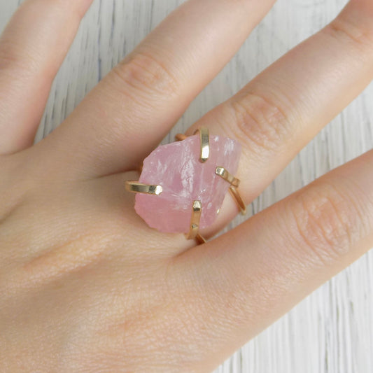 Light Pink Raw Rose Quartz Gemstone Ring Adjustable Gold Plated, G14-273