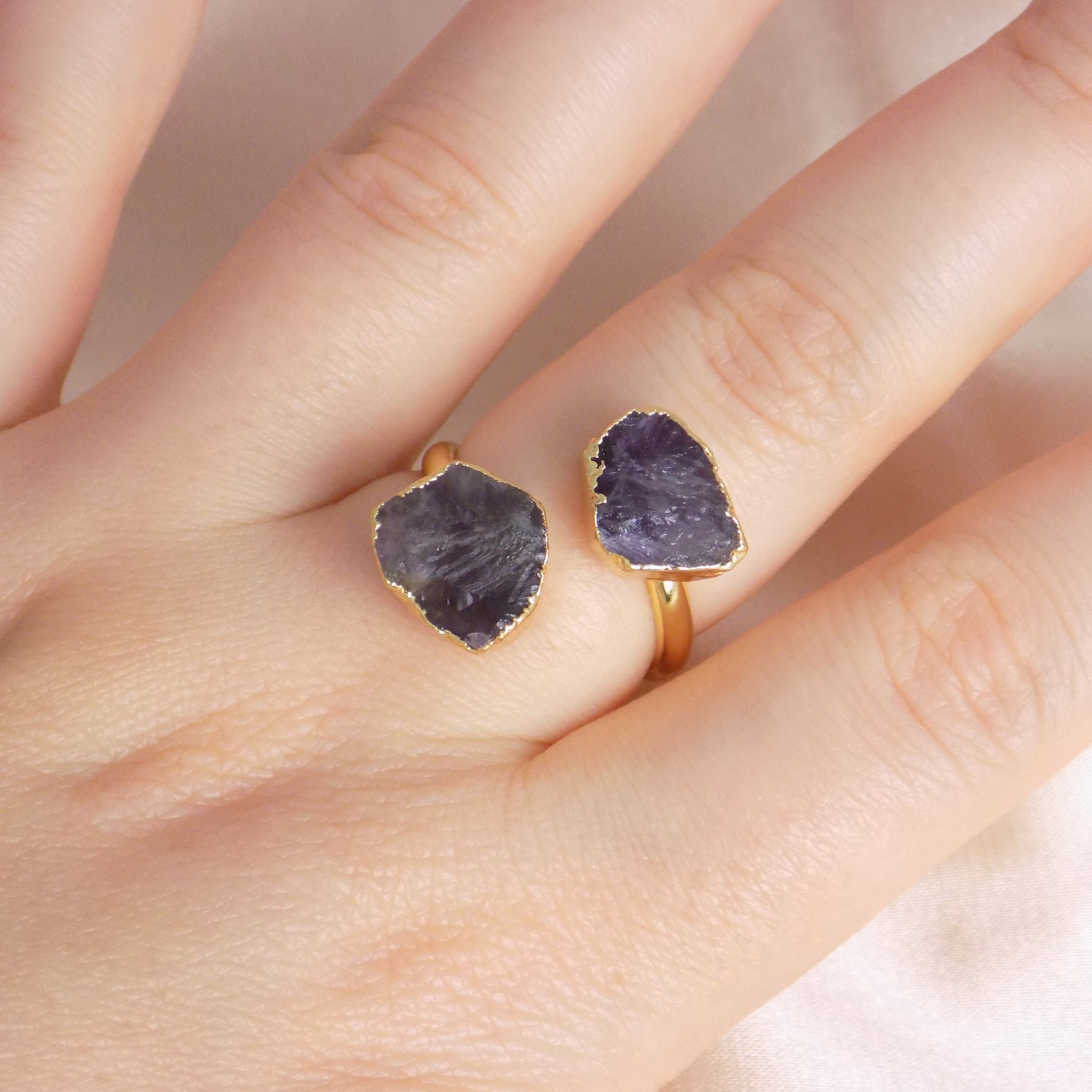 Raw Amethyst Gemstone Ring Adjustable Gold Plated, Two Purple Stones Rings, Minimalist Statement, M7-322