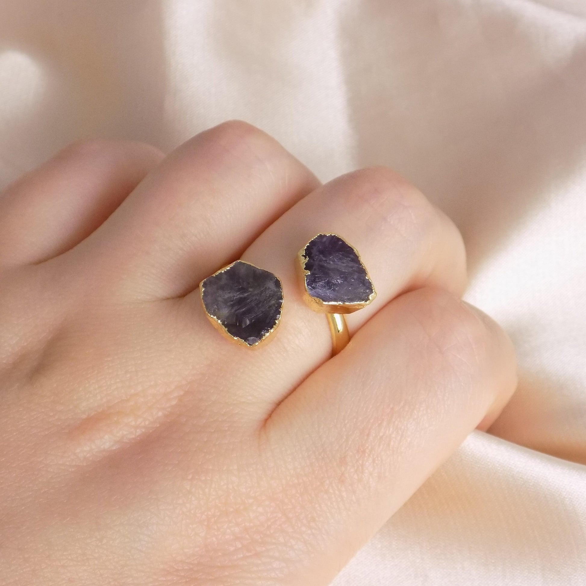 Raw Amethyst Gemstone Ring Adjustable Gold Plated, Two Purple Stones Rings, Minimalist Statement, M7-322