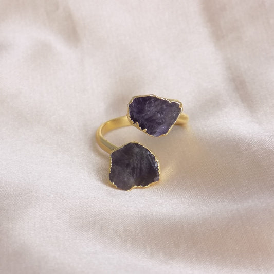 Raw Amethyst Gemstone Ring Adjustable Gold Plated, Two Purple Stones Rings, Minimalist Statement, M7-322