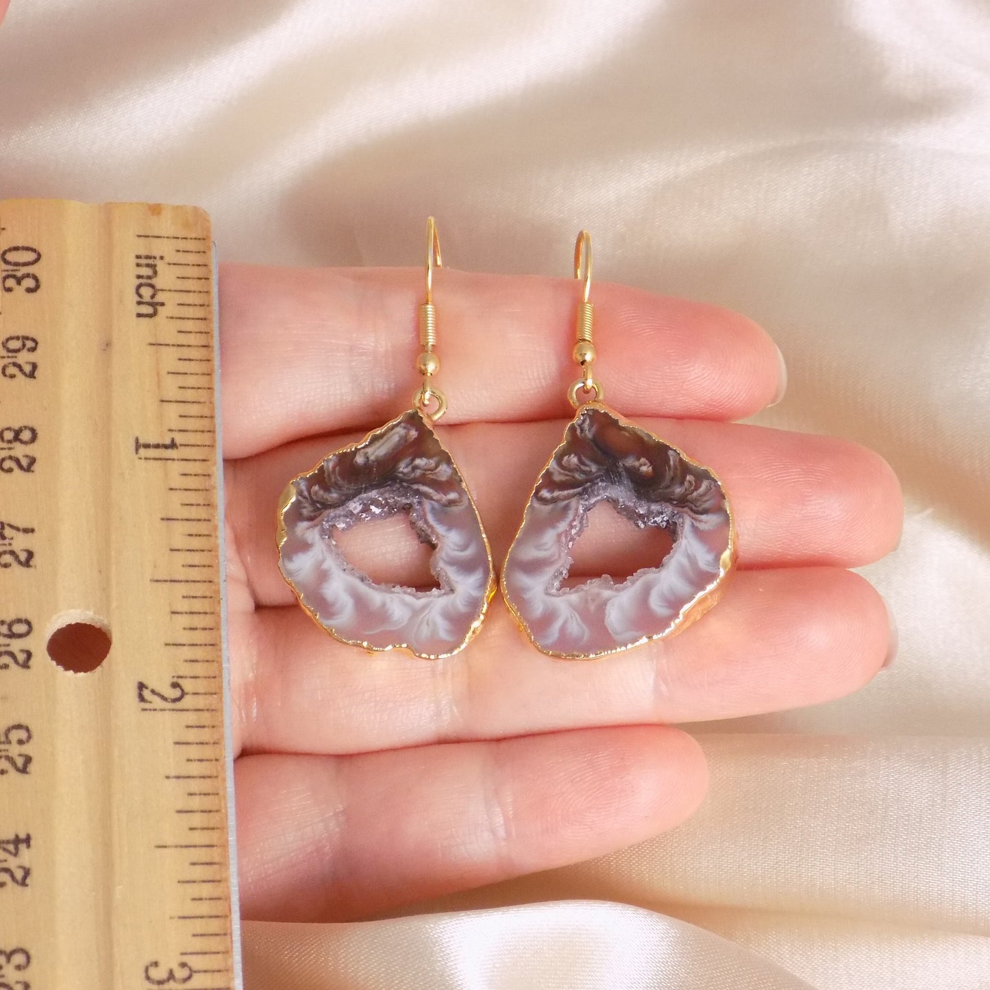 Natural Geode Gemstone Earrings Gold, Natural Stone Slice Jewelry For Women, G15-340