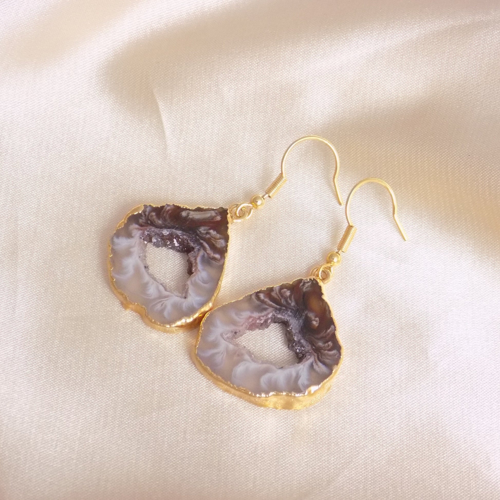 Natural Geode Gemstone Earrings Gold, Natural Stone Slice Jewelry For Women, G15-340