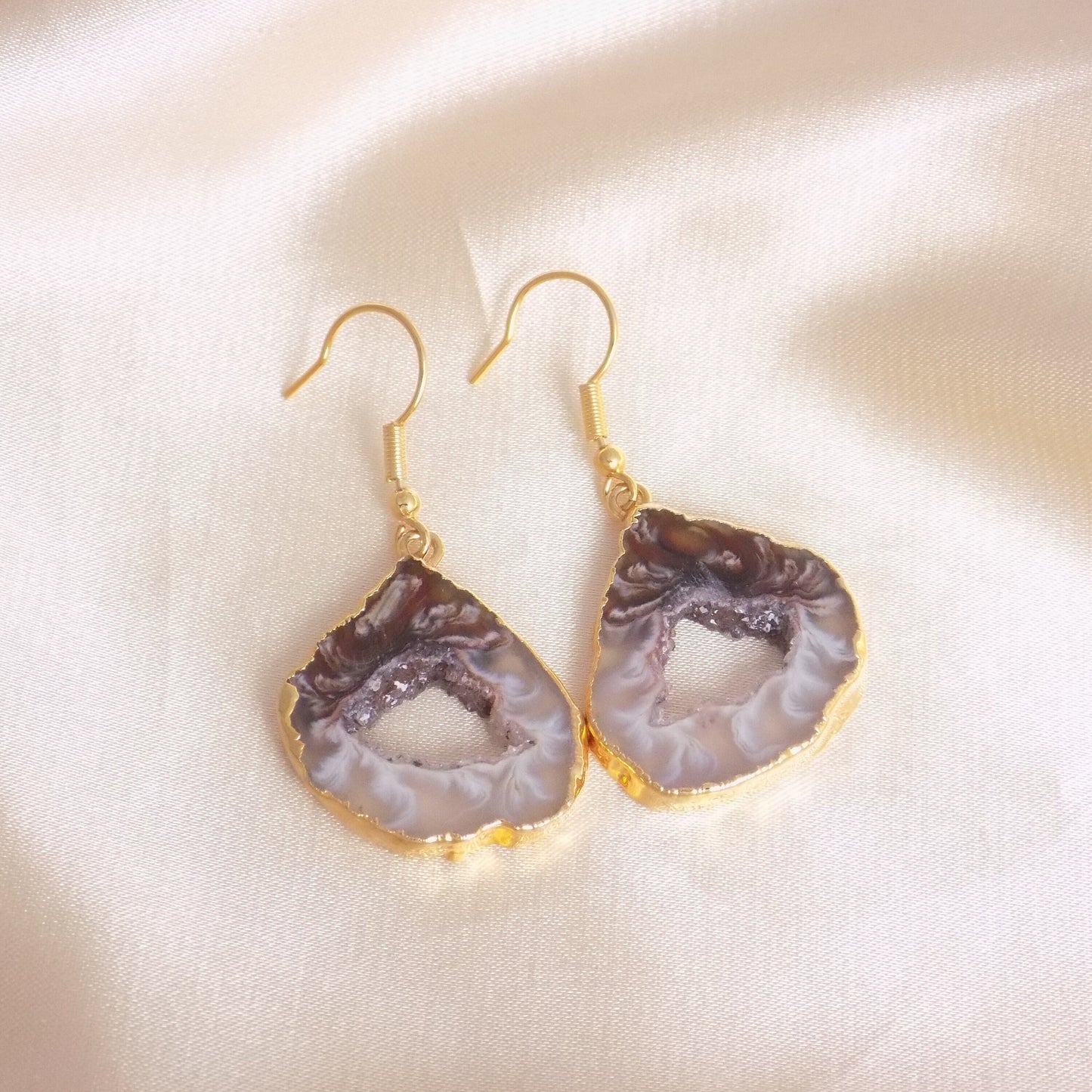 Natural Geode Gemstone Earrings Gold, Natural Stone Slice Jewelry For Women, G15-340