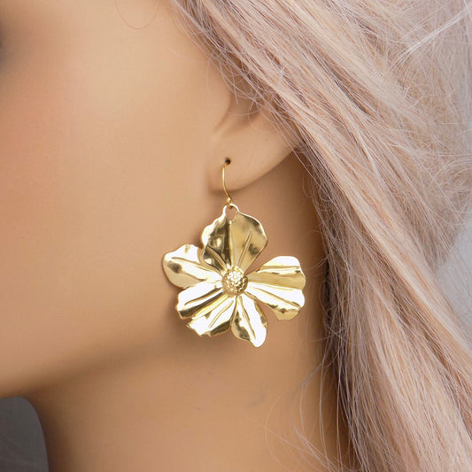 Large Flower Earrings Gold, Statement Dangle Earrings, Gifts For Her, M7-325